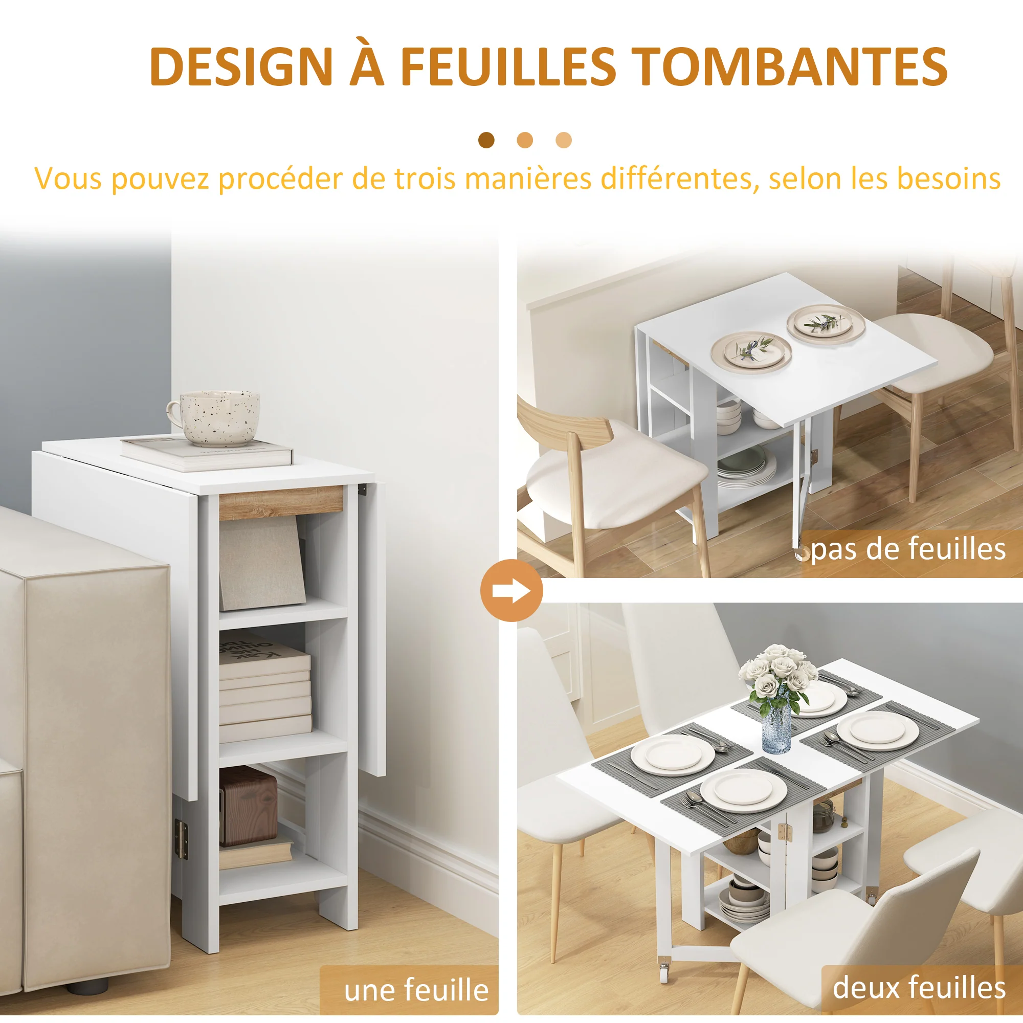 Table à manger pliable, table pliante cuisine, sur roulettes, avec 2 abattants et 3 étagères, design moderne, table de cuisine pour petits espaces, 120 x 60 x 75 cm, blanc - Image 6