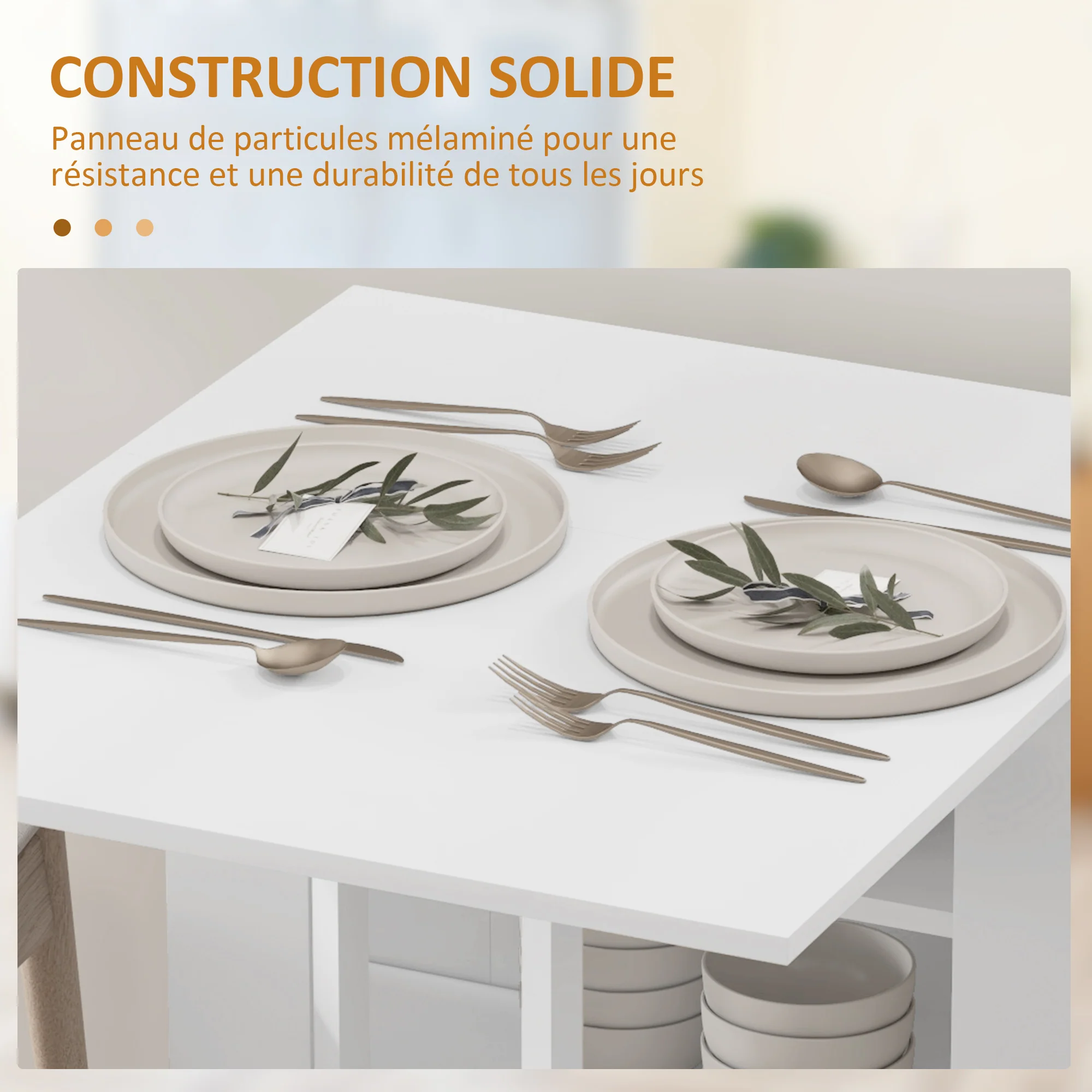 Table à manger pliable, table pliante cuisine, sur roulettes, avec 2 abattants et 3 étagères, design moderne, table de cuisine pour petits espaces, 120 x 60 x 75 cm, blanc - Image 8