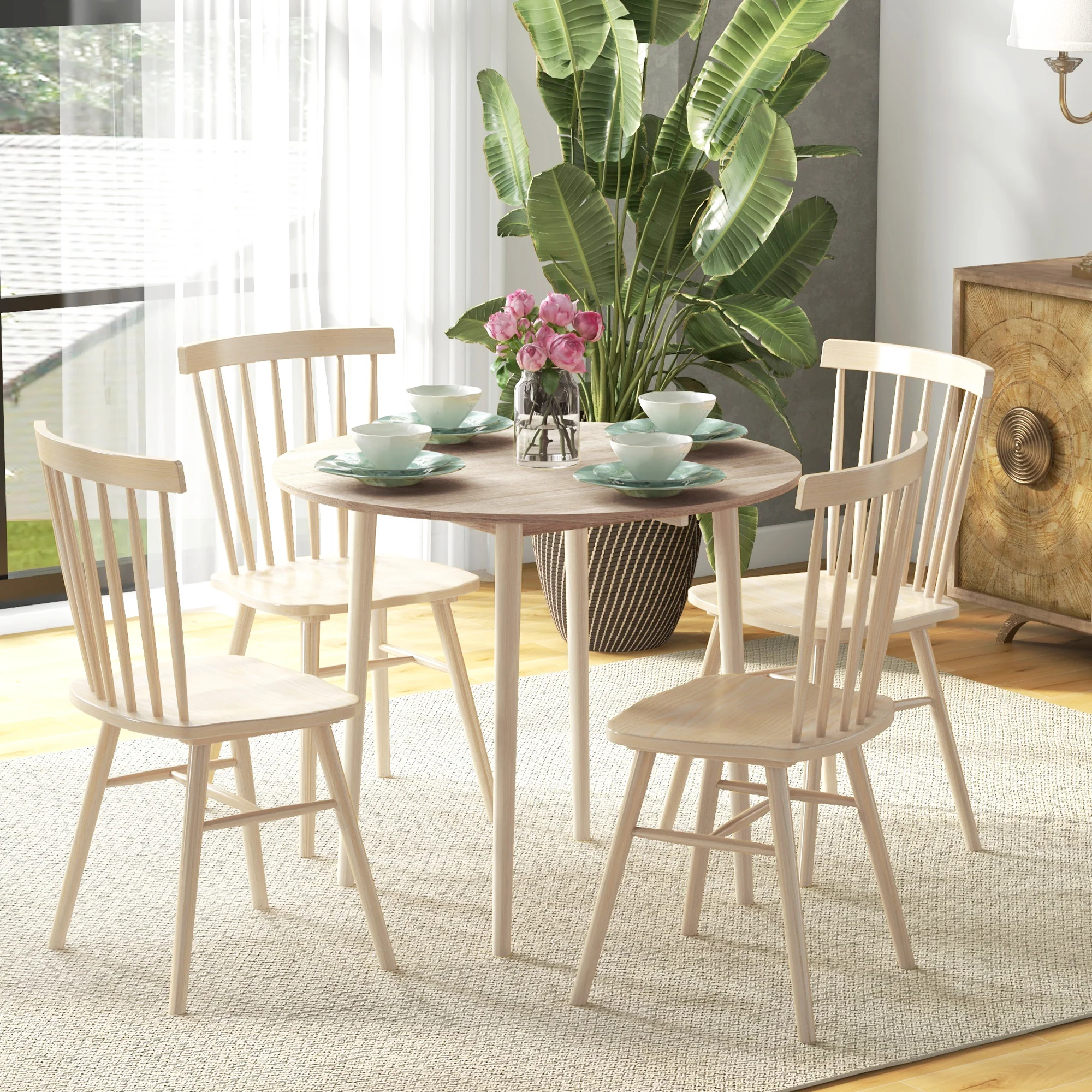 Table à manger pliante, table de cuisine ronde ? 89 cm pour 4 personnes avec 2 abattants, pieds en bois de pin, design nordique, pour petits espaces, bois naturel - Image 3