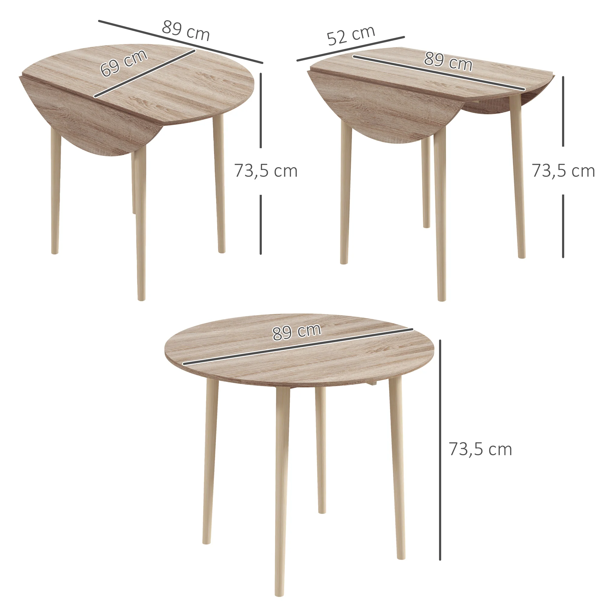 Table à manger pliante, table de cuisine ronde ? 89 cm pour 4 personnes avec 2 abattants, pieds en bois de pin, design nordique, pour petits espaces, bois naturel - Image 4