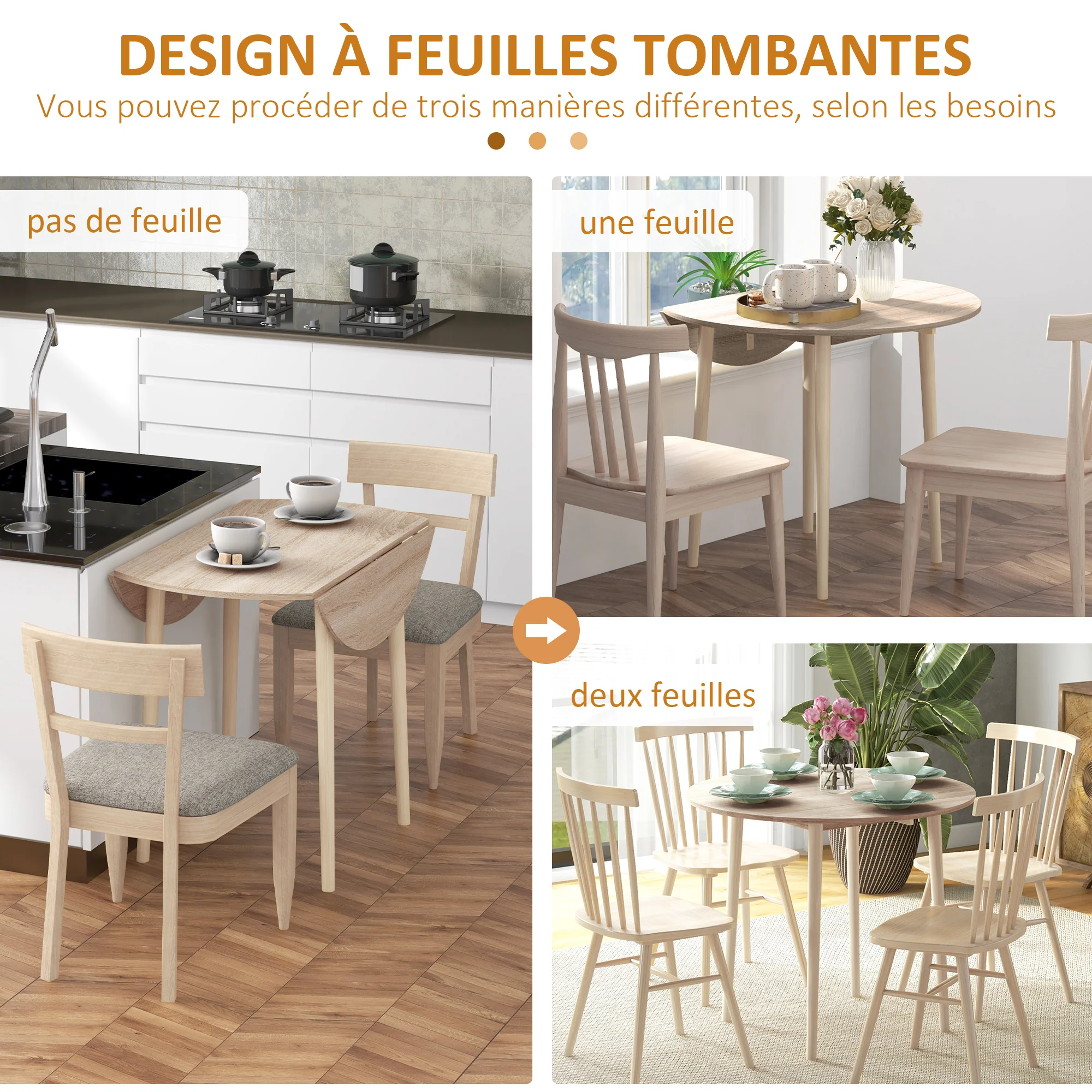 Table à manger pliante, table de cuisine ronde ? 89 cm pour 4 personnes avec 2 abattants, pieds en bois de pin, design nordique, pour petits espaces, bois naturel - Image 5