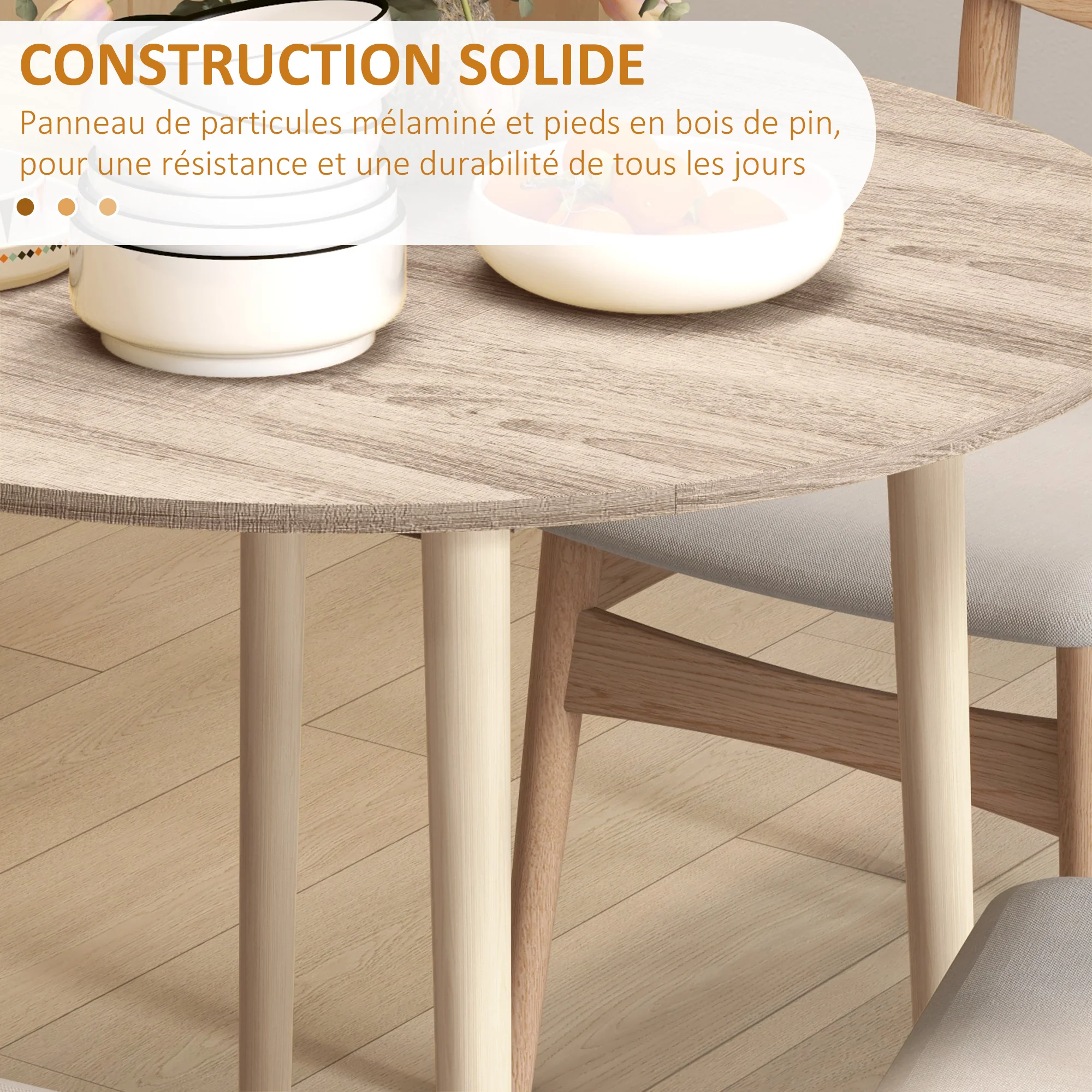 Table à manger pliante, table de cuisine ronde ? 89 cm pour 4 personnes avec 2 abattants, pieds en bois de pin, design nordique, pour petits espaces, bois naturel - Image 7