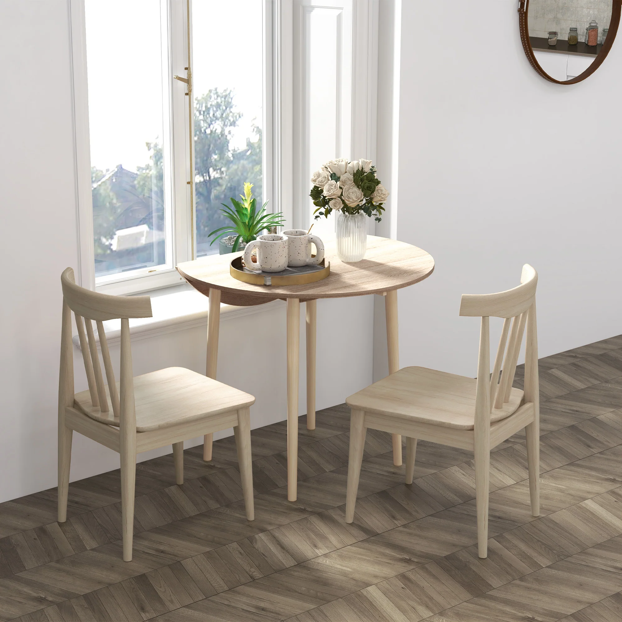 Table à manger pliante, table de cuisine ronde ? 89 cm pour 4 personnes avec 2 abattants, pieds en bois de pin, design nordique, pour petits espaces, bois naturel - Image 8
