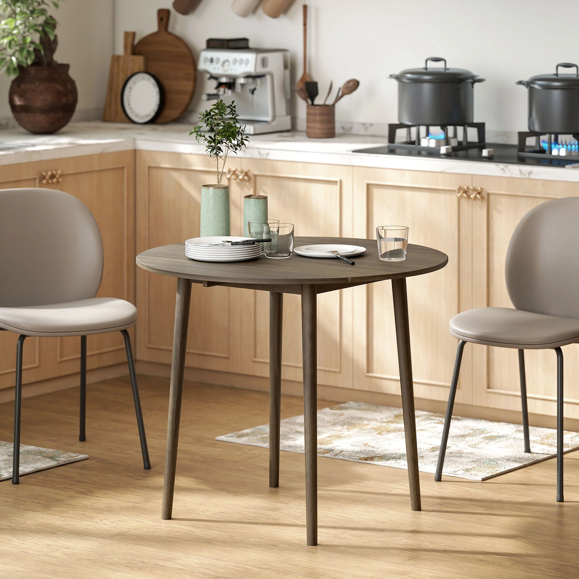 Table à manger pliante, table de cuisine ronde Ø 89 cm pour 4 personnes avec 2 abattants, pieds en bois de pin, design nordique, pour petits espaces, gris - Image 3