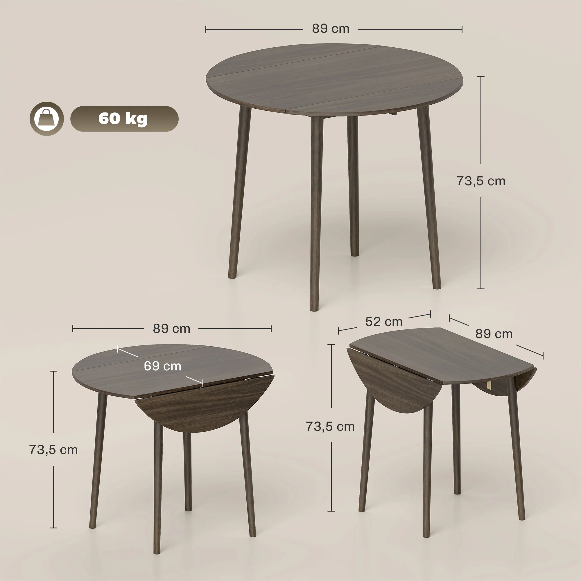Table à manger pliante, table de cuisine ronde Ø 89 cm pour 4 personnes avec 2 abattants, pieds en bois de pin, design nordique, pour petits espaces, gris - Image 4