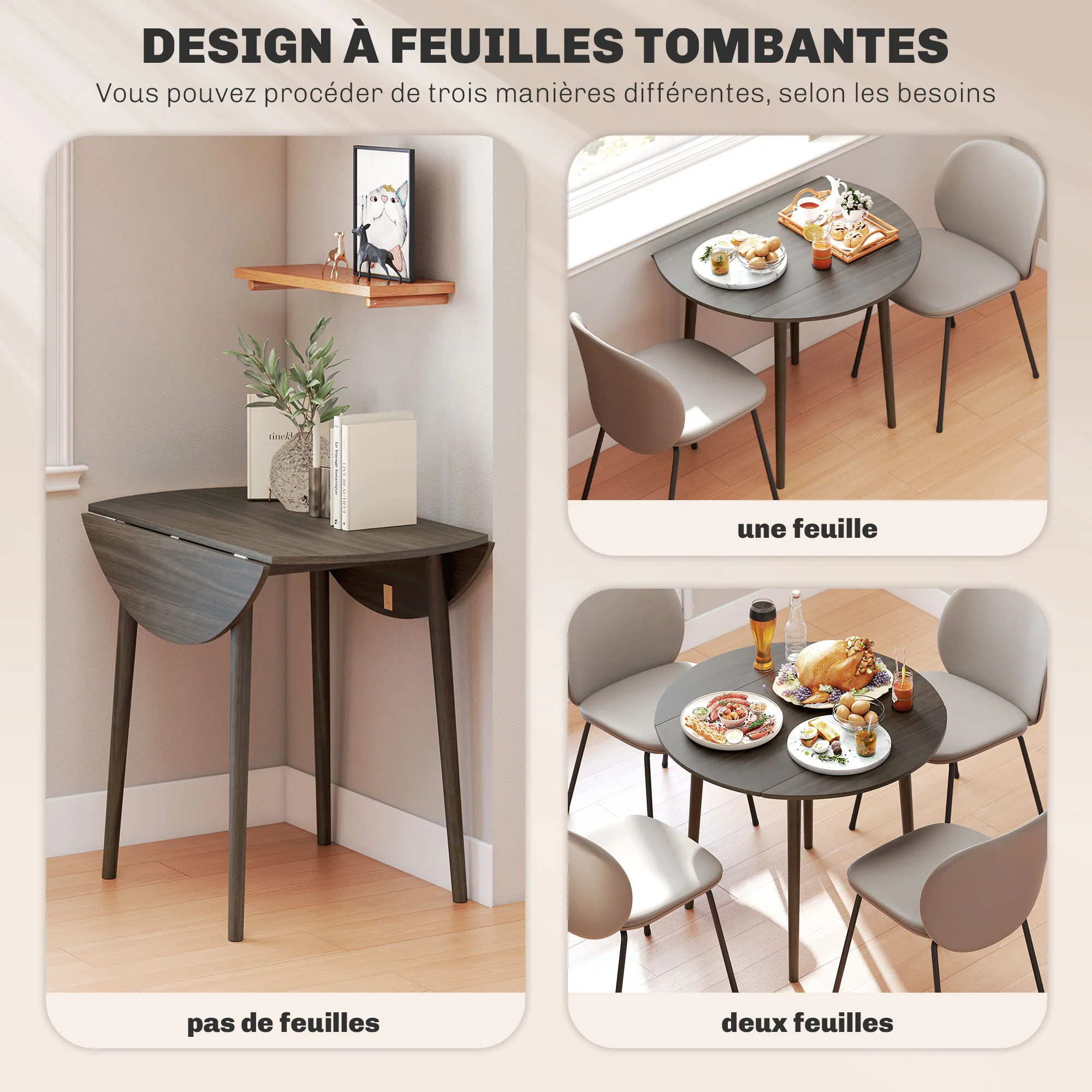Table à manger pliante, table de cuisine ronde Ø 89 cm pour 4 personnes avec 2 abattants, pieds en bois de pin, design nordique, pour petits espaces, gris - Image 5