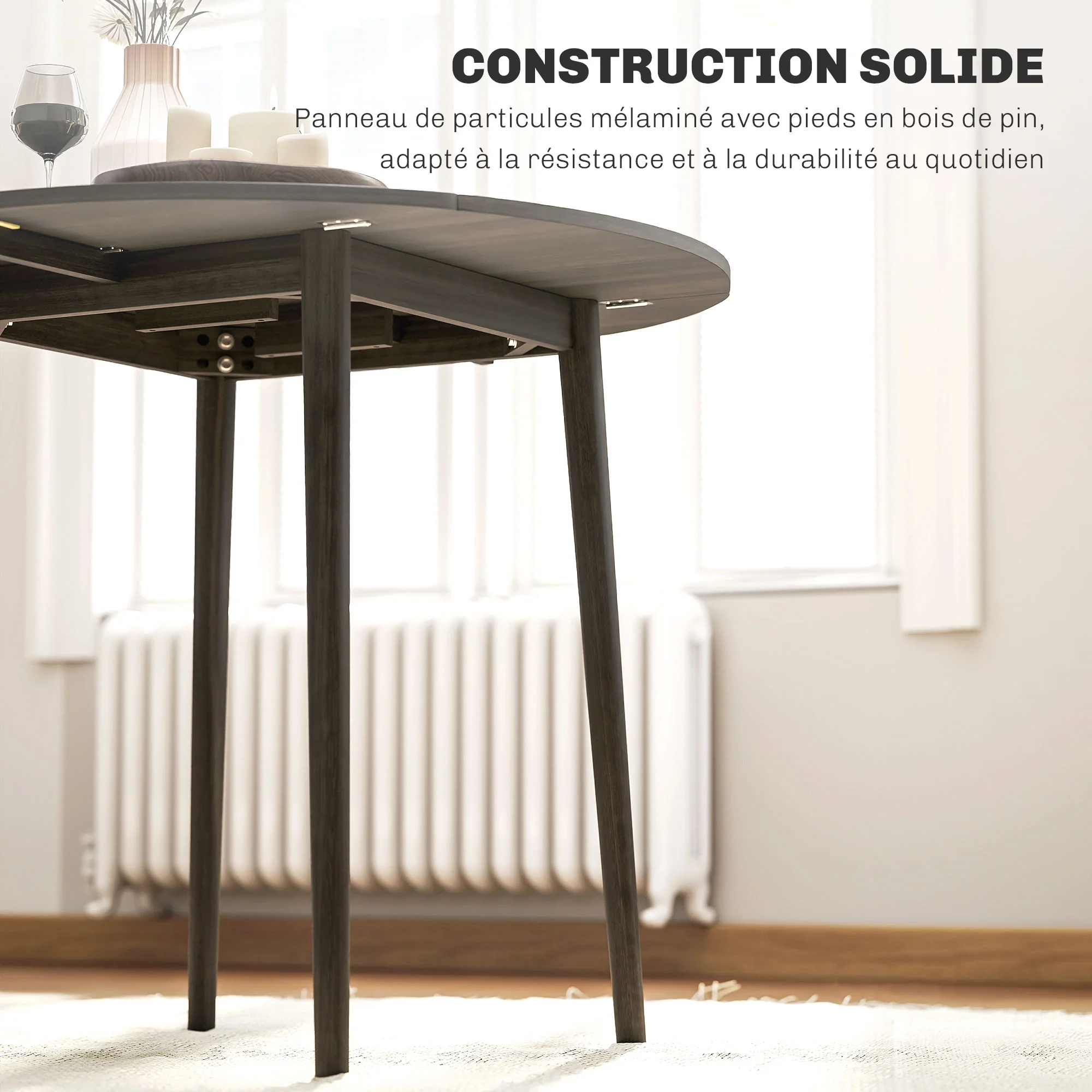 Table à manger pliante, table de cuisine ronde Ø 89 cm pour 4 personnes avec 2 abattants, pieds en bois de pin, design nordique, pour petits espaces, gris - Image 7