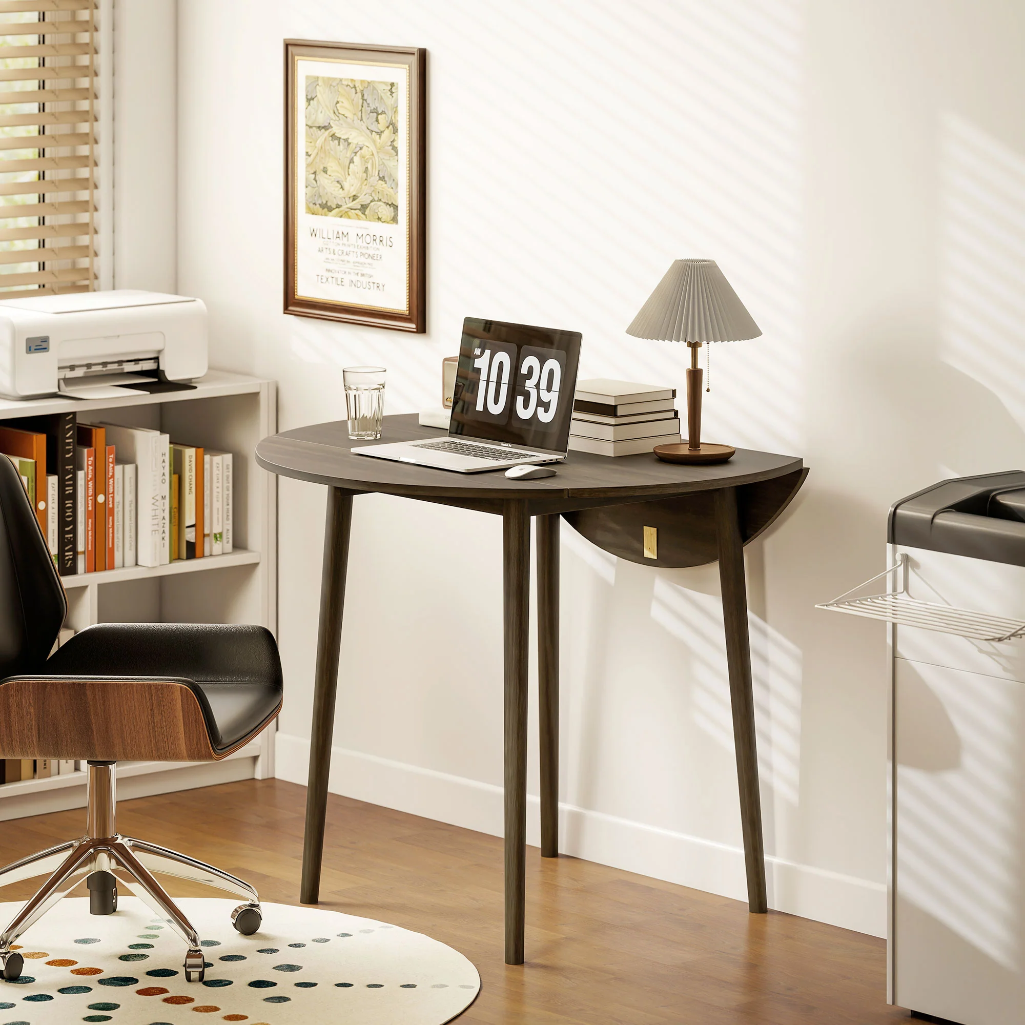 Table à manger pliante, table de cuisine ronde Ø 89 cm pour 4 personnes avec 2 abattants, pieds en bois de pin, design nordique, pour petits espaces, gris - Image 9