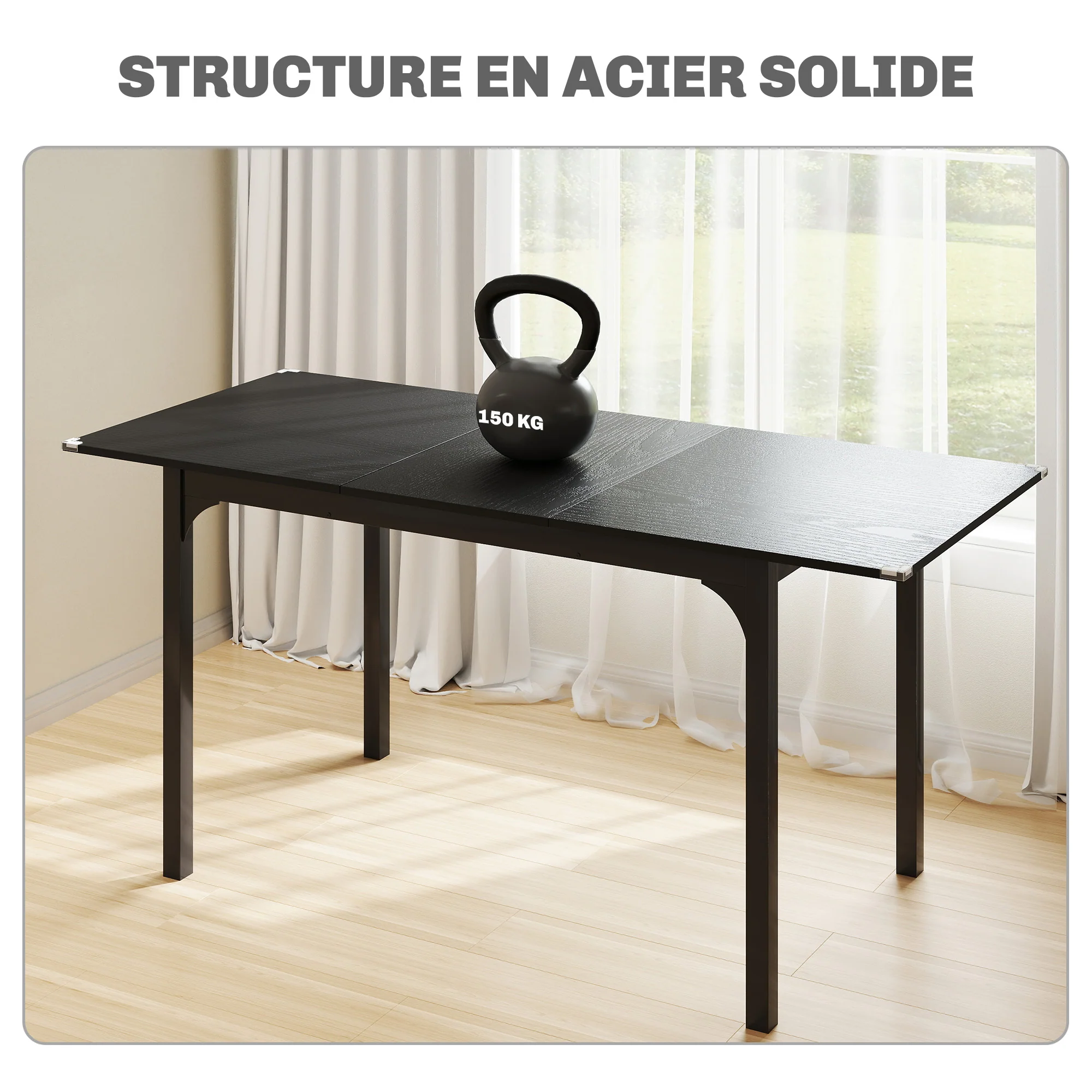 Table à manger pliante, table extensible cuisine rectangulaire jusqu'à 4 à 6 personnes, pieds en acier, pour petits espaces, salle à manger, noir - Image 7