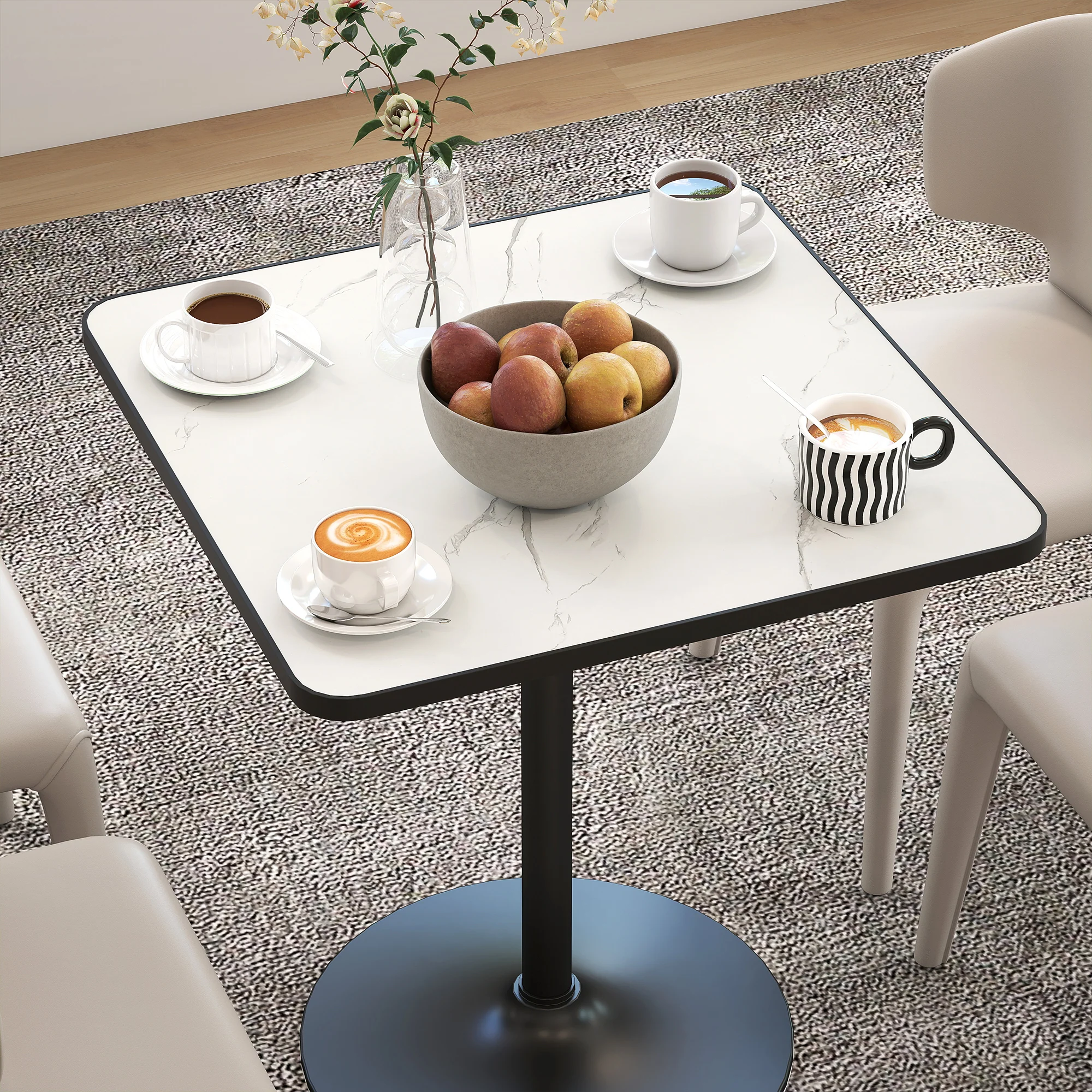 Table à manger pour 4 personnes table de cuisine style moderne avec plateau effet marbre et base ronde, 70 x 70 cm, blanc - Image 10
