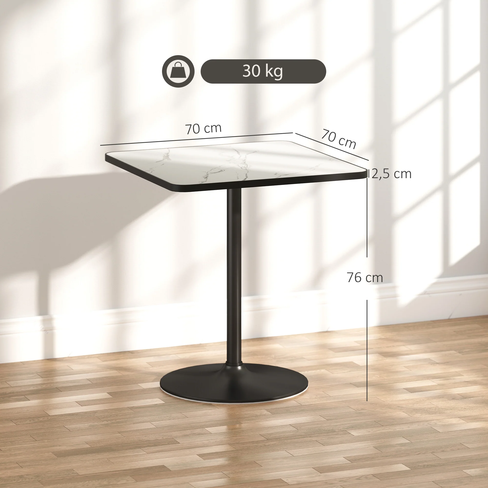 Table à manger pour 4 personnes table de cuisine style moderne avec plateau effet marbre et base ronde, 70 x 70 cm, blanc - Image 4