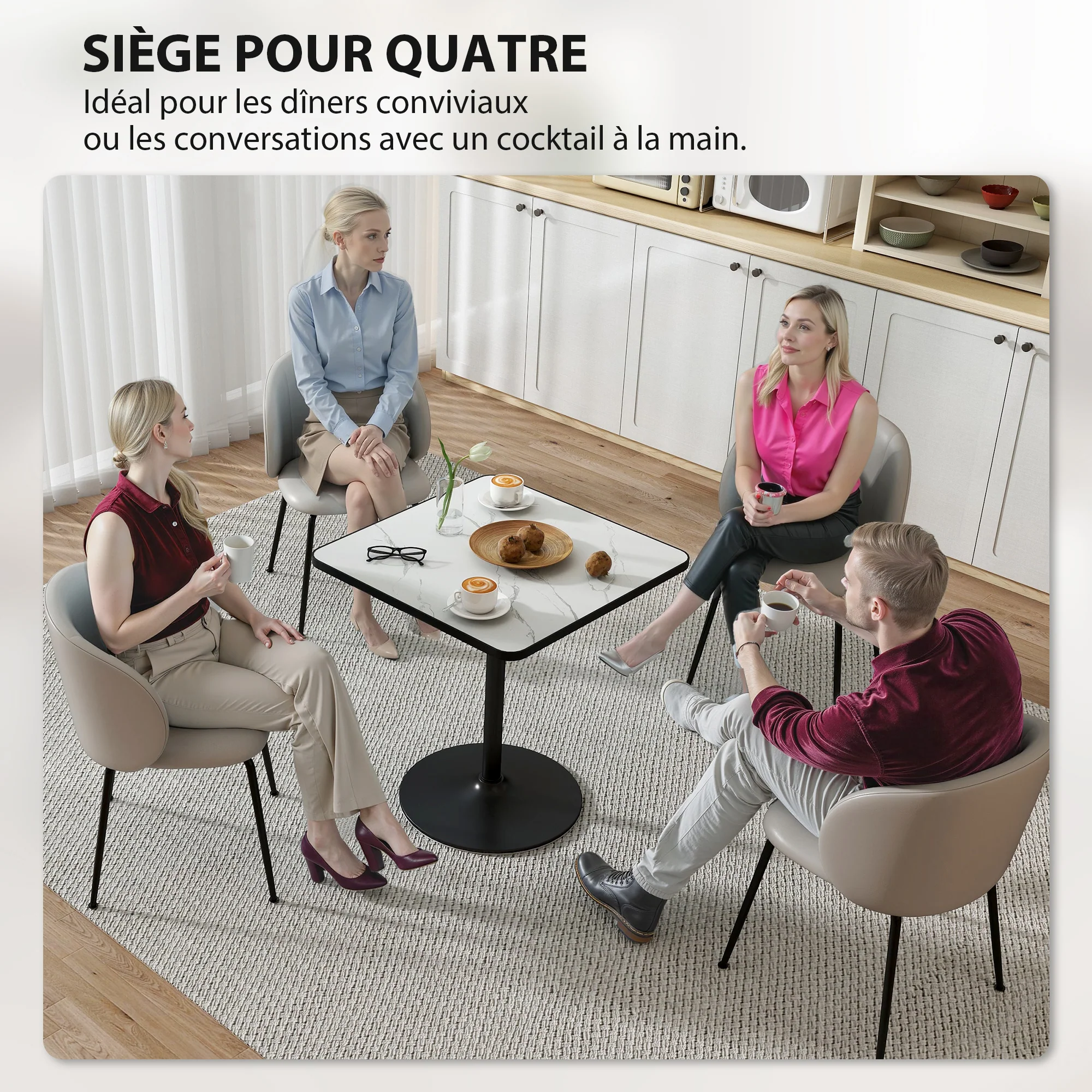 Table à manger pour 4 personnes table de cuisine style moderne avec plateau effet marbre et base ronde, 70 x 70 cm, blanc - Image 5