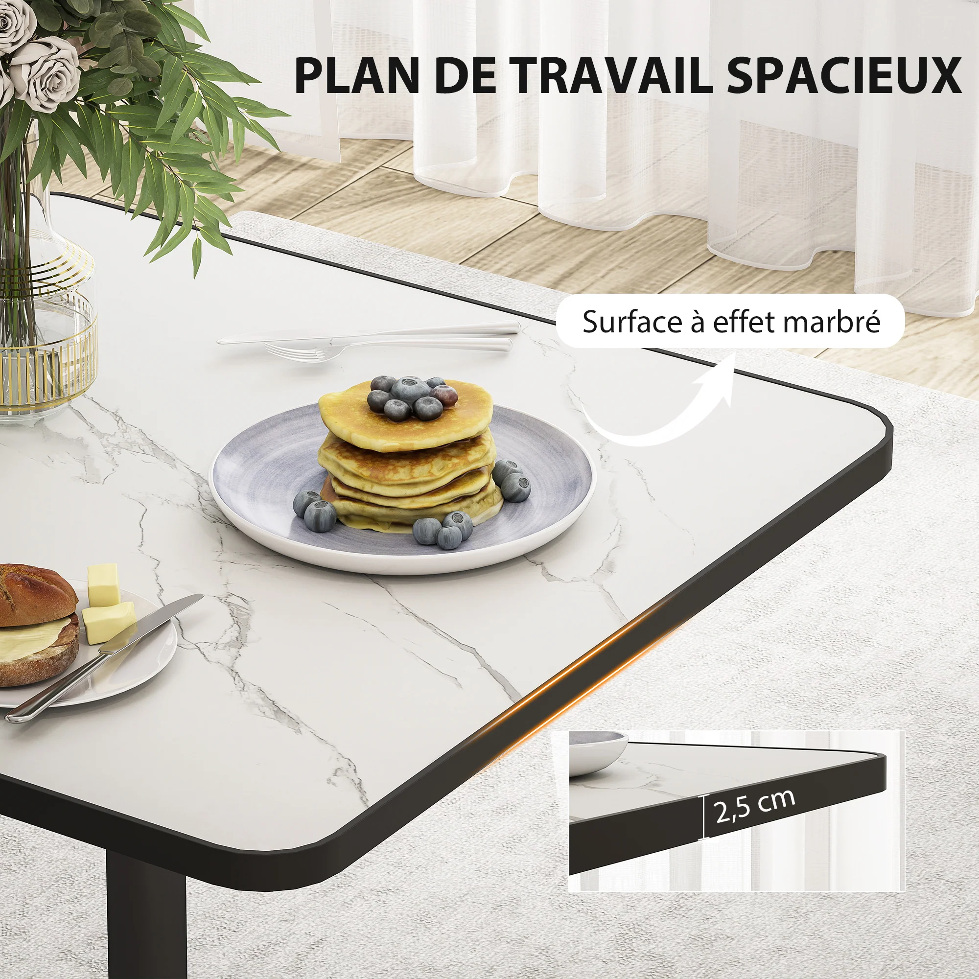 Table à manger pour 4 personnes table de cuisine style moderne avec plateau effet marbre et base ronde, 70 x 70 cm, blanc - Image 6