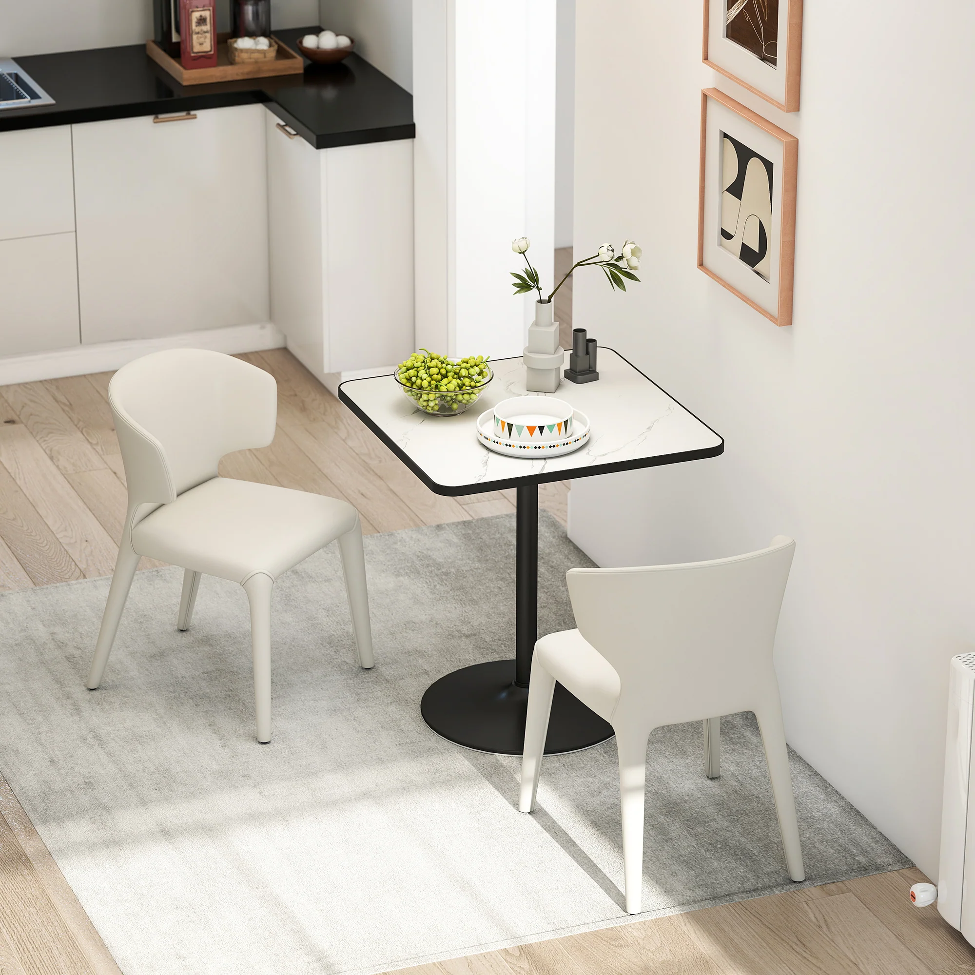 Table à manger pour 4 personnes table de cuisine style moderne avec plateau effet marbre et base ronde, 70 x 70 cm, blanc - Image 8