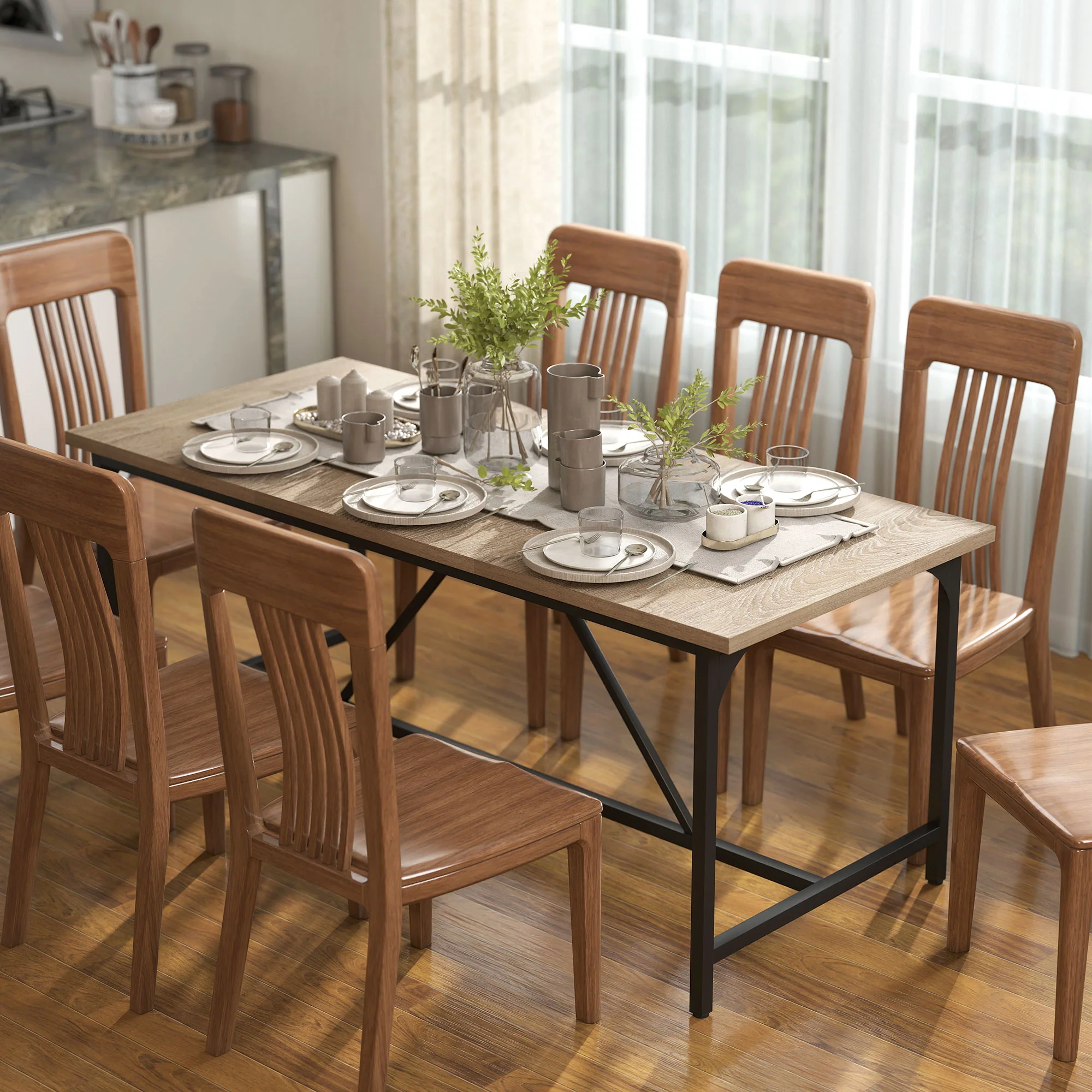 Table à manger pour 6-8 personne table cuisine rectangulaire style moderne - plateau aspect bois et pieds en acier noir avec patins réglables, 180 x 80 cm, naturel - Image 10