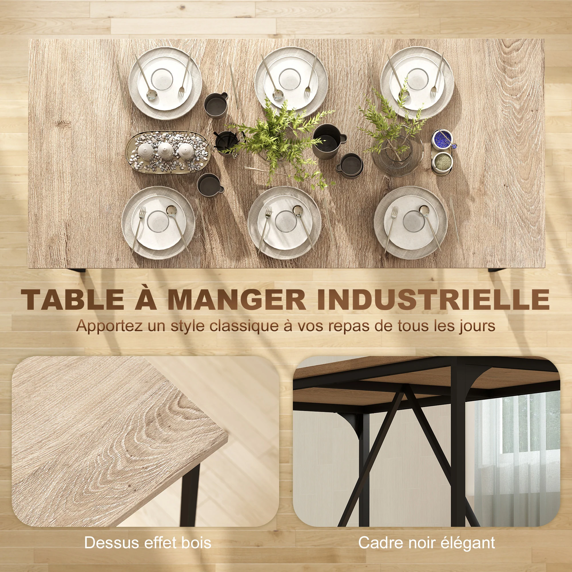 Table à manger pour 6-8 personne table cuisine rectangulaire style moderne - plateau aspect bois et pieds en acier noir avec patins réglables, 180 x 80 cm, naturel - Image 6