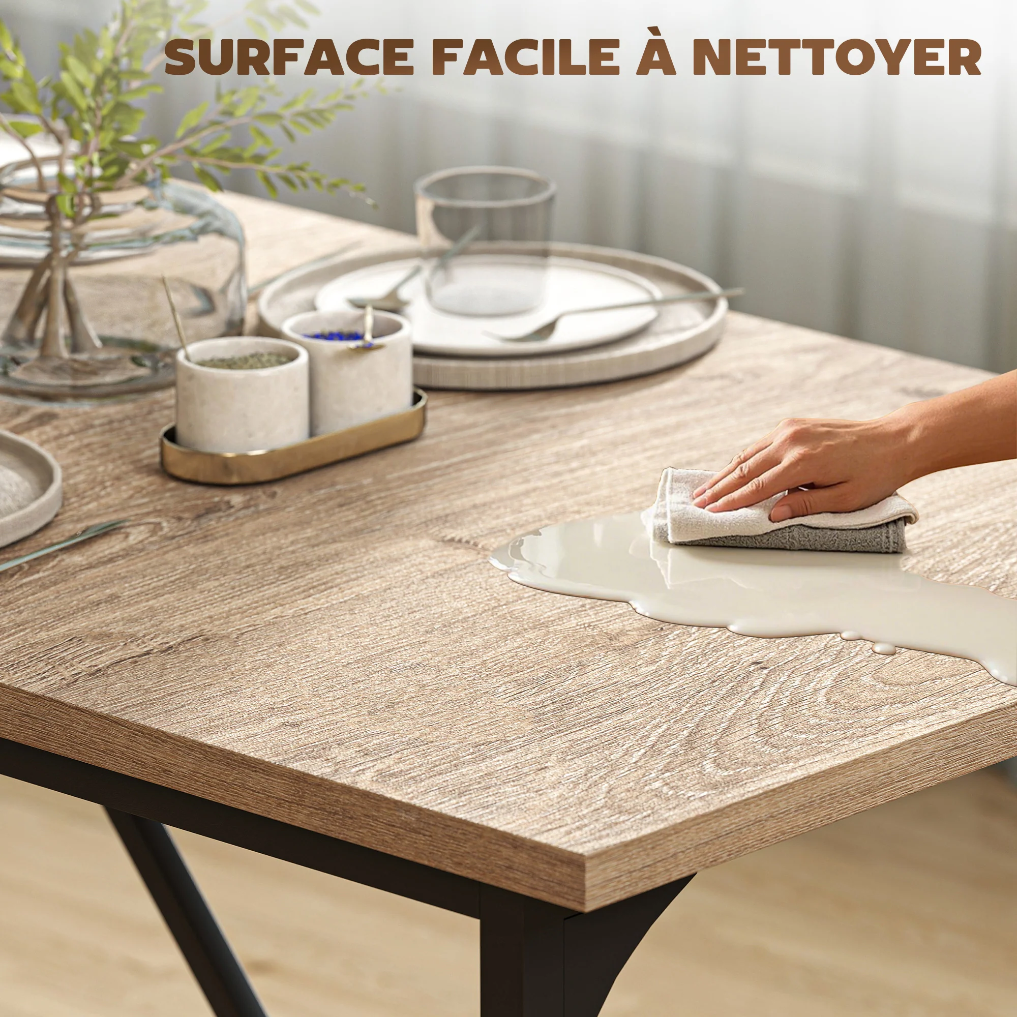 Table à manger pour 6-8 personne table cuisine rectangulaire style moderne - plateau aspect bois et pieds en acier noir avec patins réglables, 180 x 80 cm, naturel - Image 8
