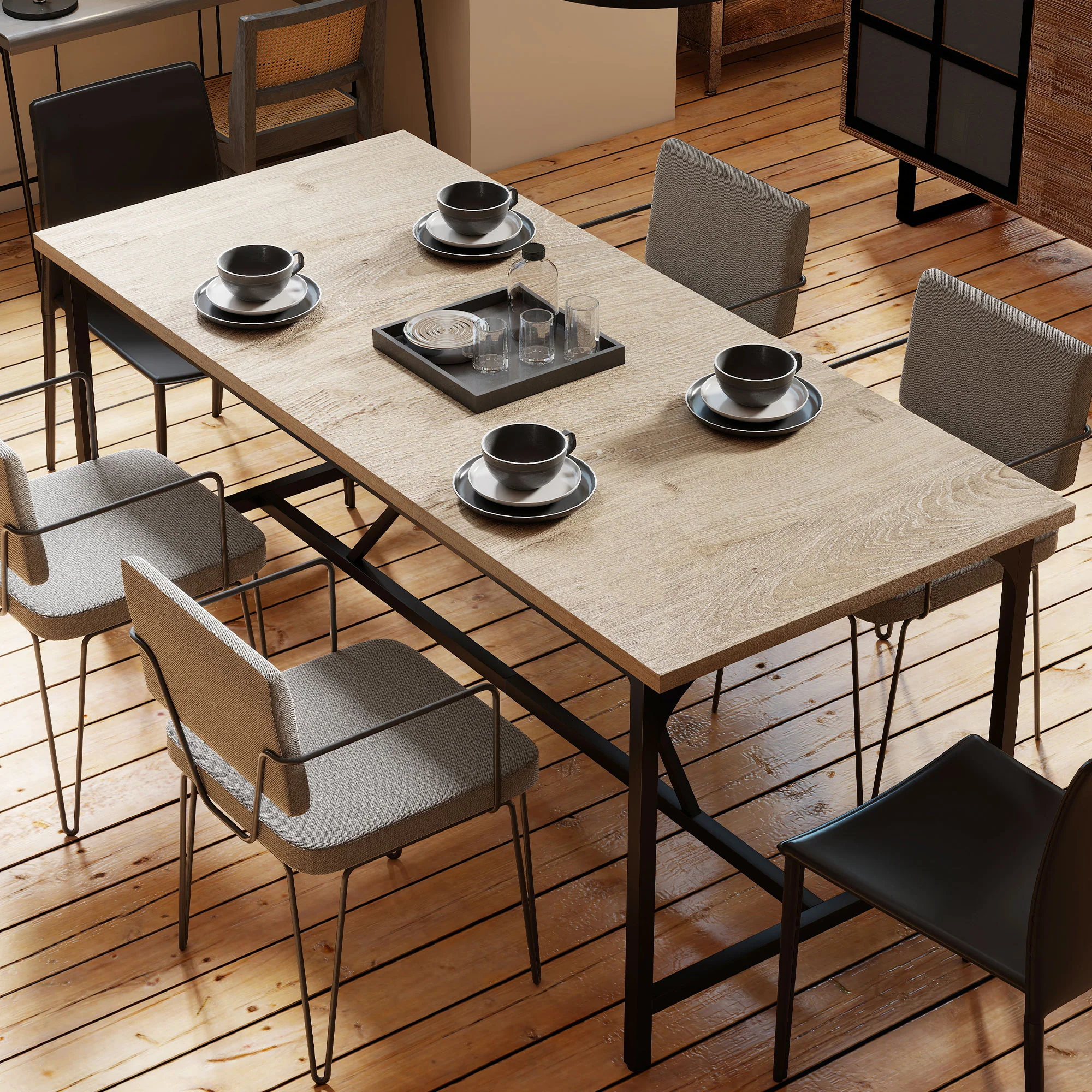 Table à manger pour 6-8 personne table cuisine rectangulaire style moderne - plateau aspect bois et pieds en acier noir avec patins réglables, 180 x 80 cm, naturel - Image 9