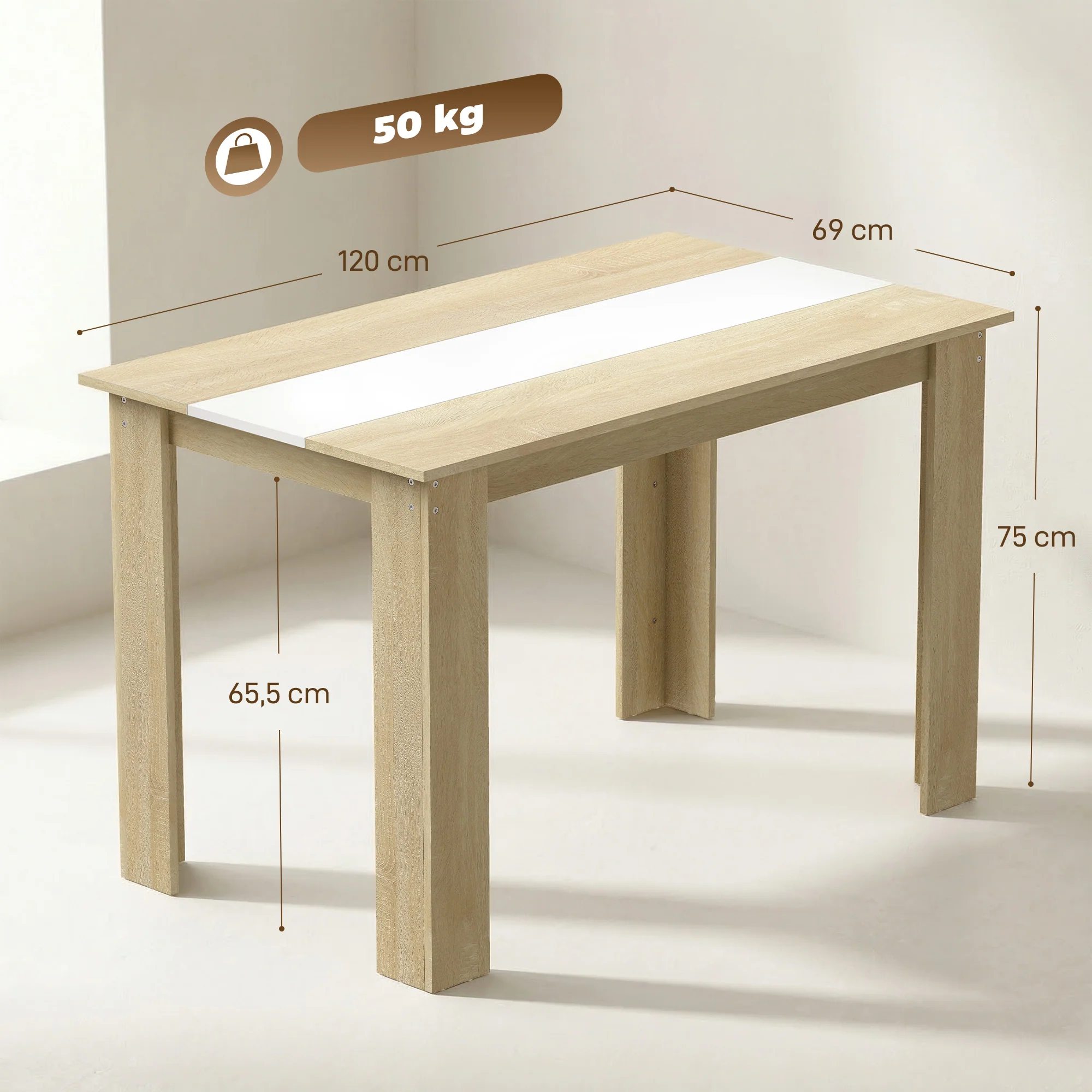 Table à manger rectangulaire pour 4 à 6 personnes, table de cuisine, 120 x 69 x 75 cm, style moderne, pieds triangulaires plus stable, chêne et blanc - Image 4