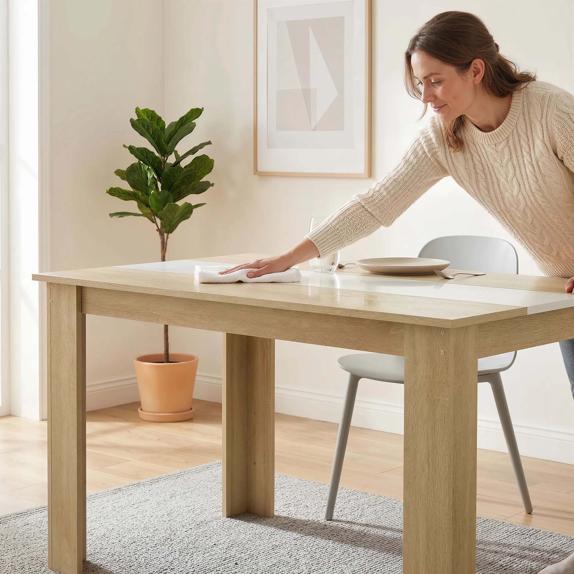 Table à manger rectangulaire pour 4 à 6 personnes, table de cuisine, 120 x 69 x 75 cm, style moderne, pieds triangulaires plus stable, chêne et blanc - Image 6