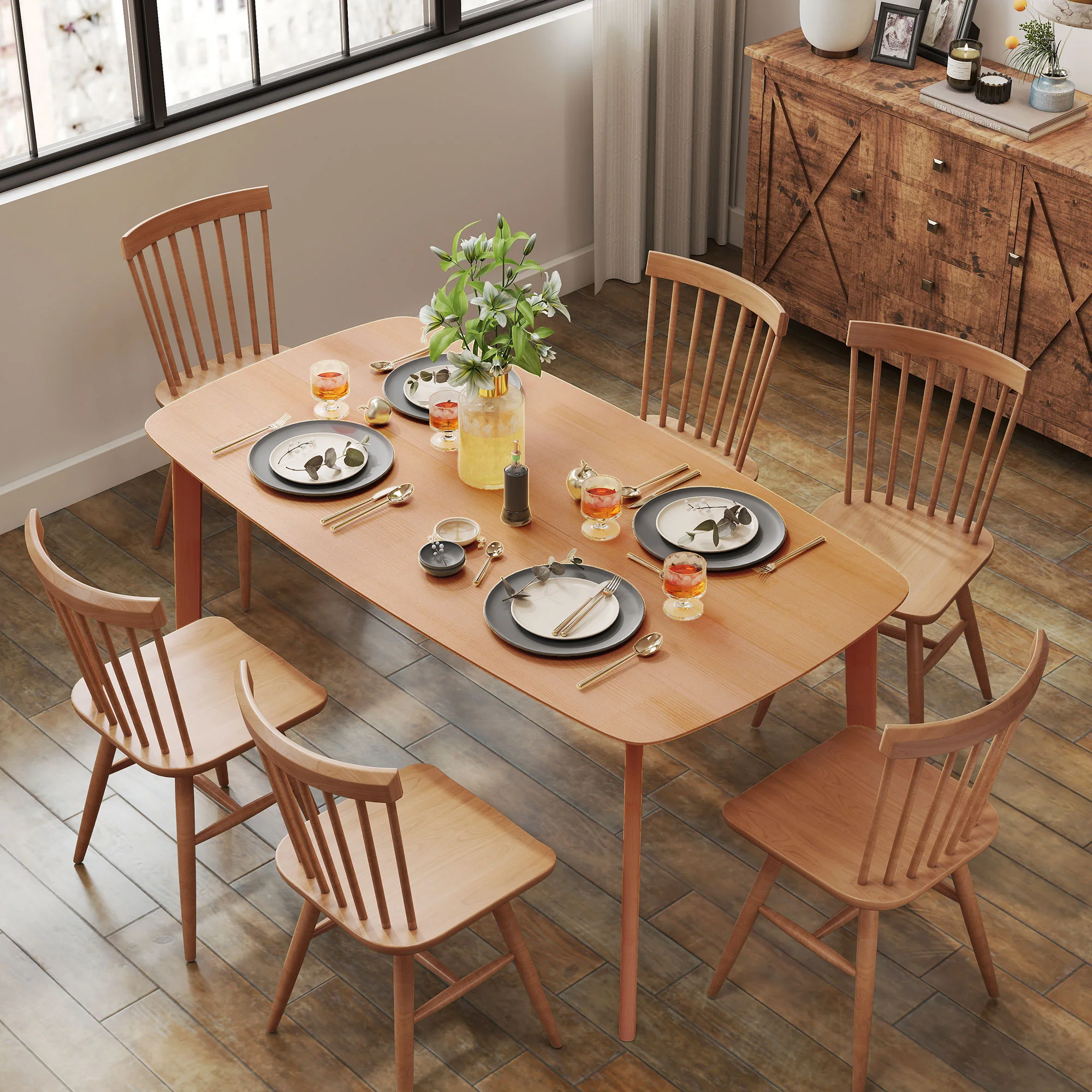 Table à manger rectangulaire pour 6 personnes table de cuisine 150 cm avec cadre en bois massif et grand plateau, pour salle à manger, salon, bureau, effet bois naturel - Image 3
