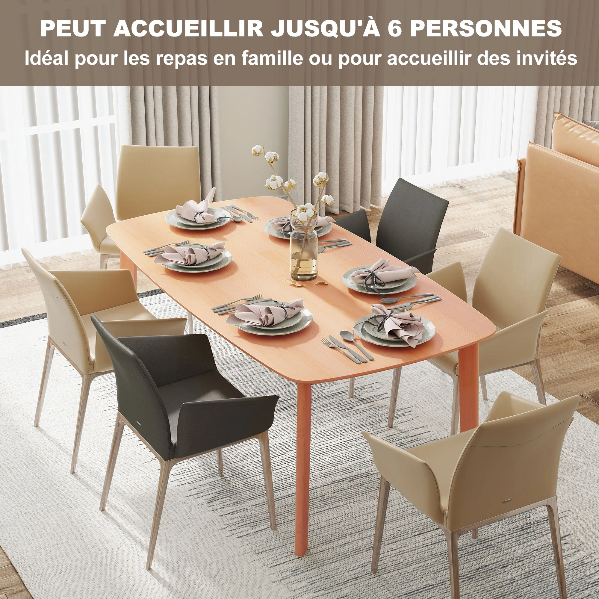 Table à manger rectangulaire pour 6 personnes table de cuisine 150 cm avec cadre en bois massif et grand plateau, pour salle à manger, salon, bureau, effet bois naturel - Image 5
