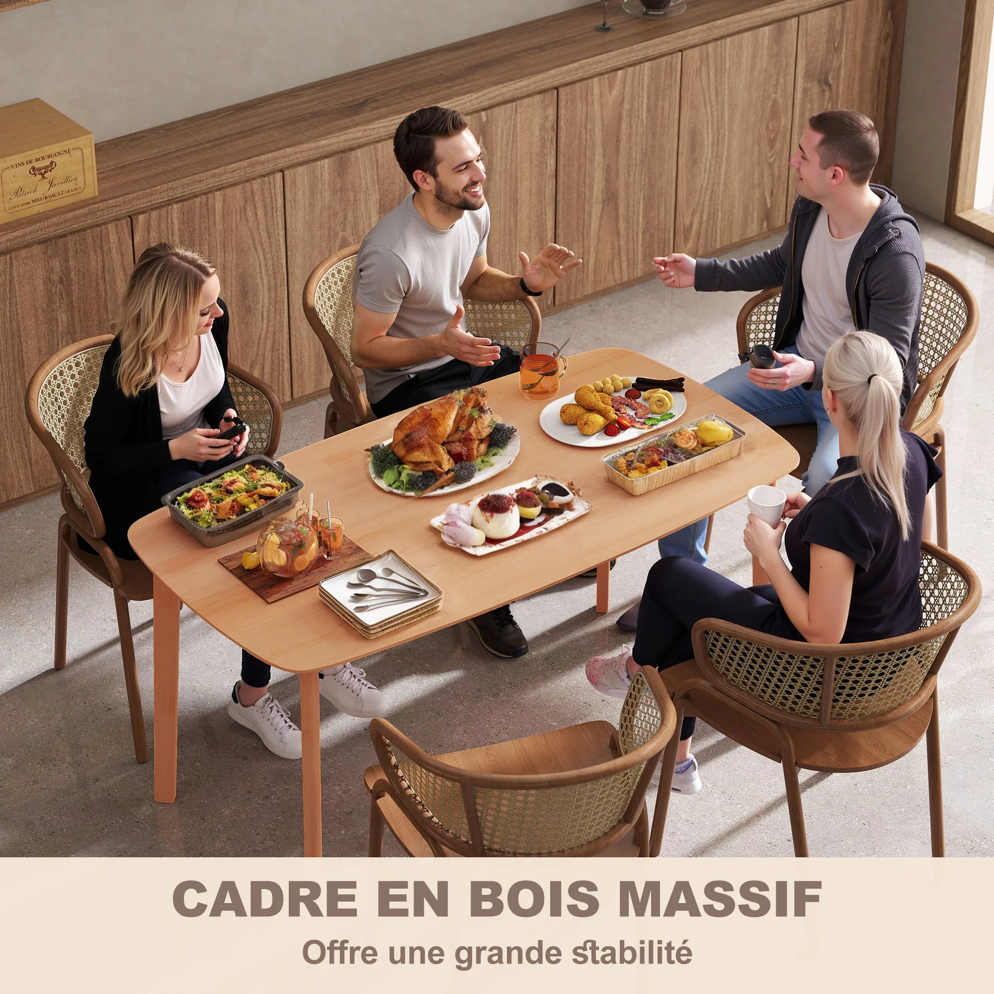 Table à manger rectangulaire pour 6 personnes table de cuisine 150 cm avec cadre en bois massif et grand plateau, pour salle à manger, salon, bureau, effet bois naturel - Image 6