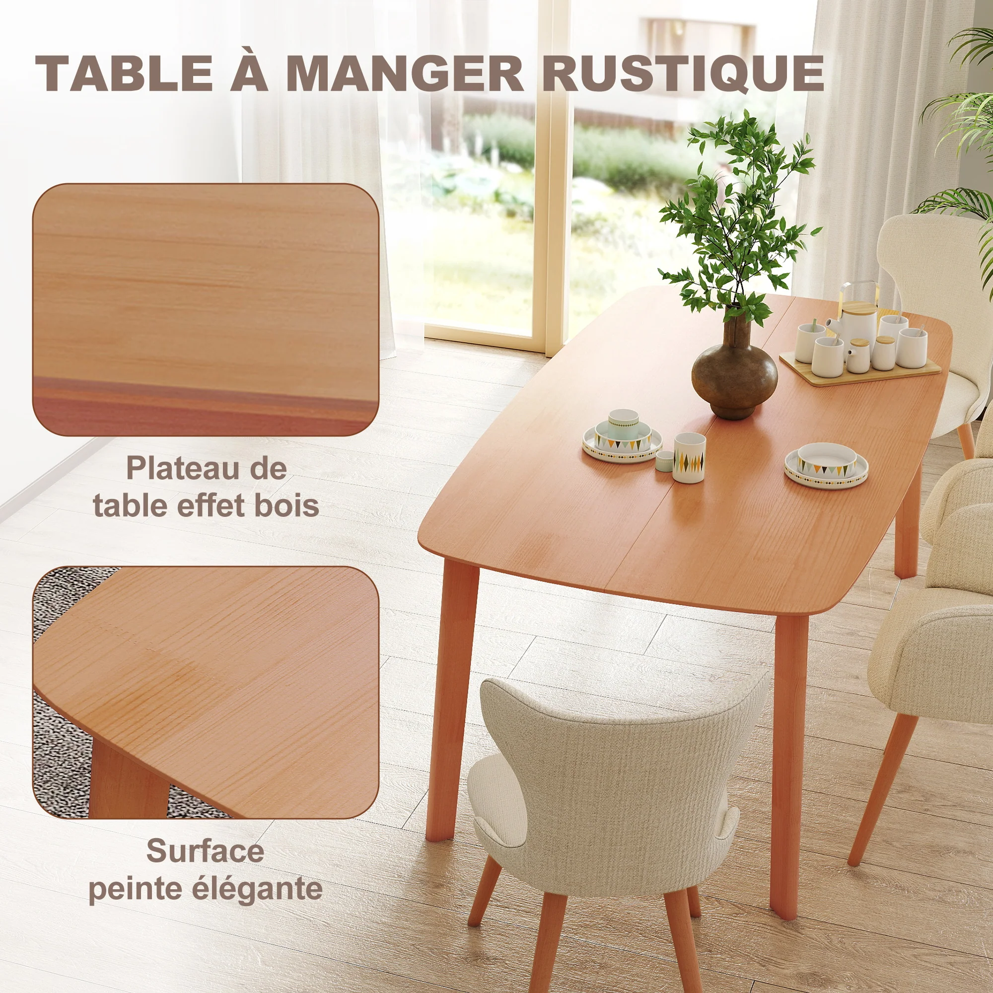Table à manger rectangulaire pour 6 personnes table de cuisine 150 cm avec cadre en bois massif et grand plateau, pour salle à manger, salon, bureau, effet bois naturel - Image 8