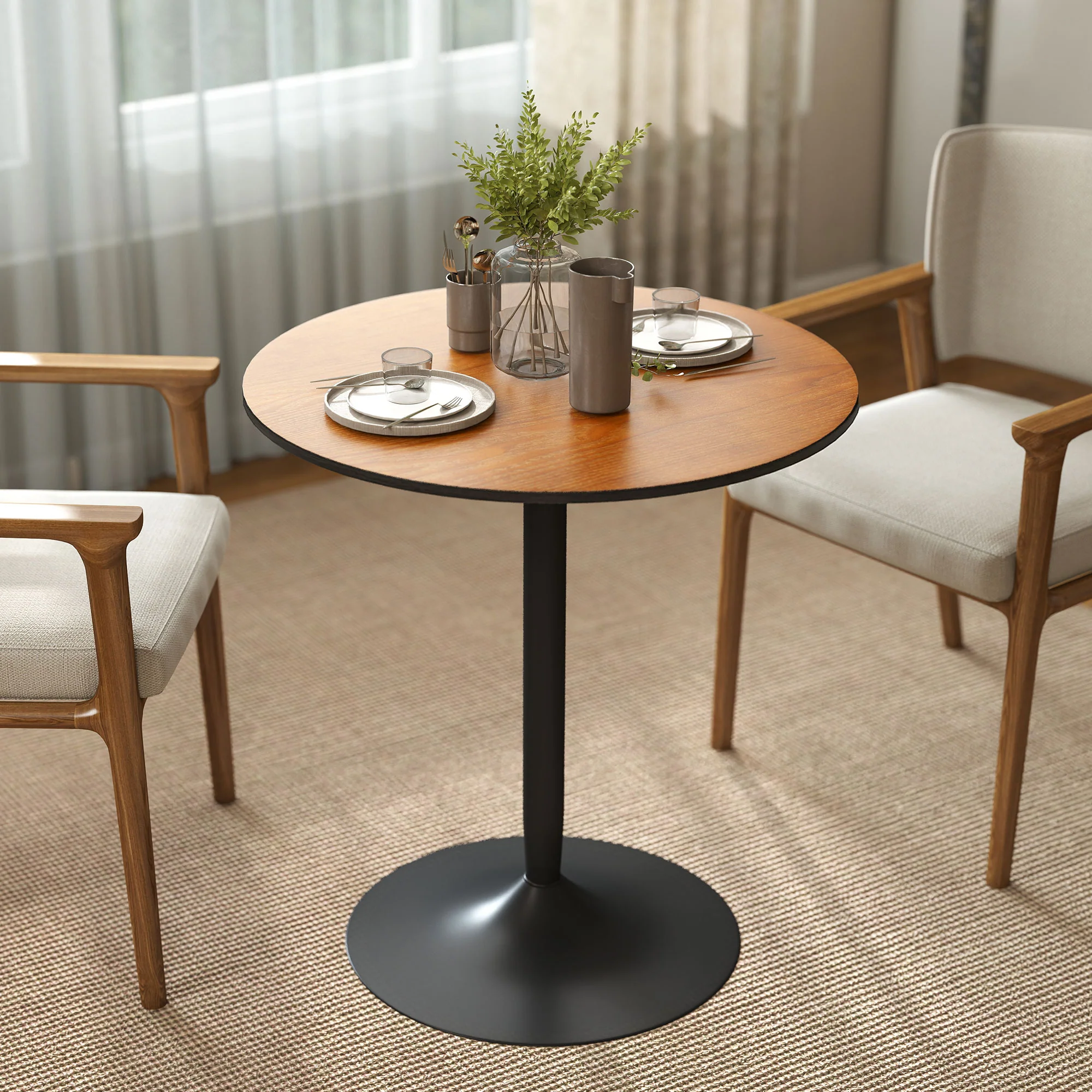 Table à manger ronde pour 2-4 personnes, table de cuisine 70 cm style moderne avec plateau en placage de bois massif et piétement en acier, marron clair - Image 10