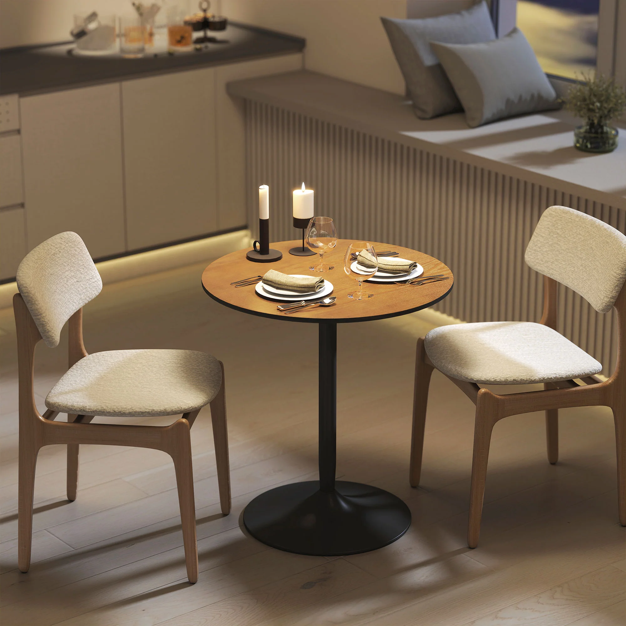 Table à manger ronde pour 2-4 personnes, table de cuisine 70 cm style moderne avec plateau en placage de bois massif et piétement en acier, marron clair - Image 3