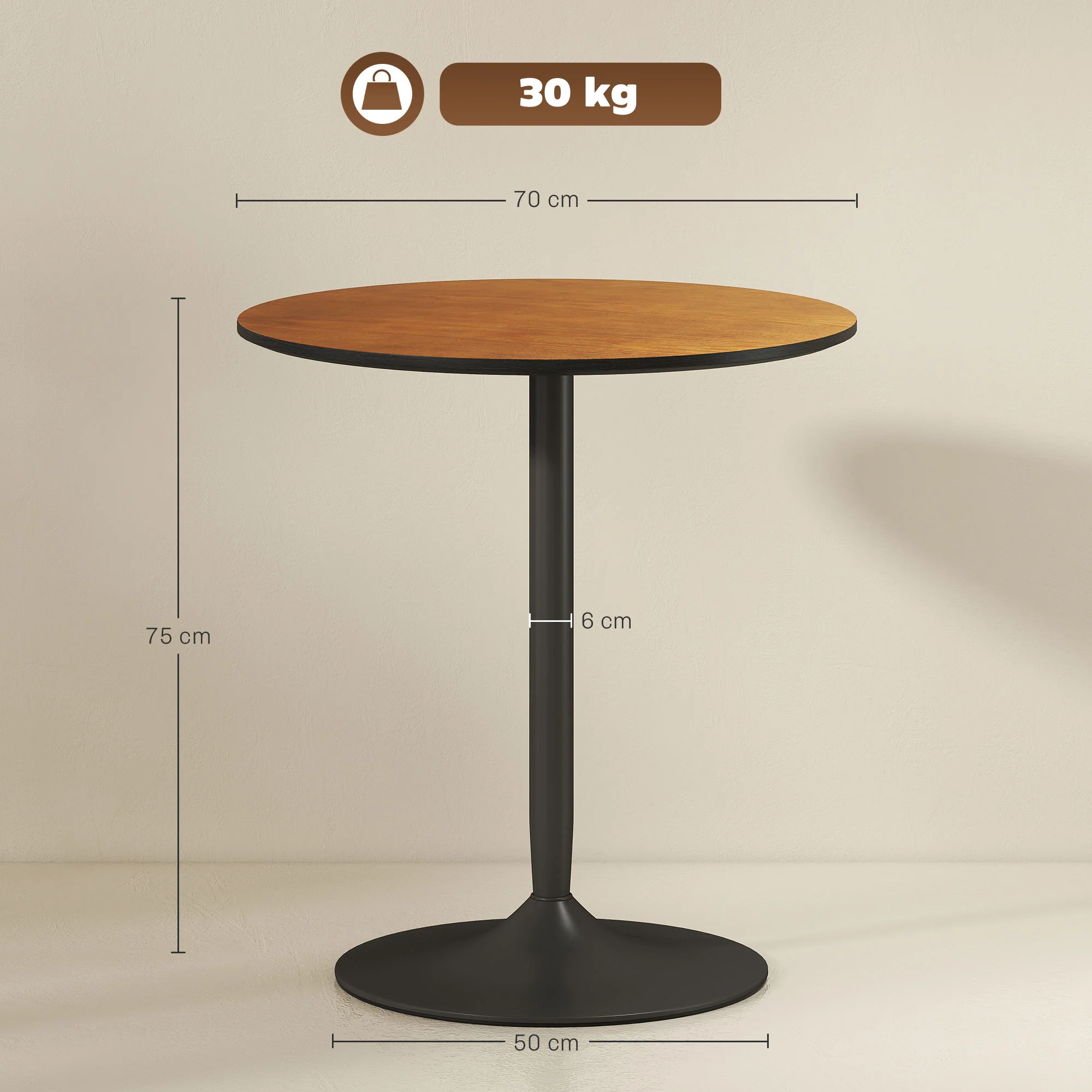 Table à manger ronde pour 2-4 personnes, table de cuisine 70 cm style moderne avec plateau en placage de bois massif et piétement en acier, marron clair - Image 4