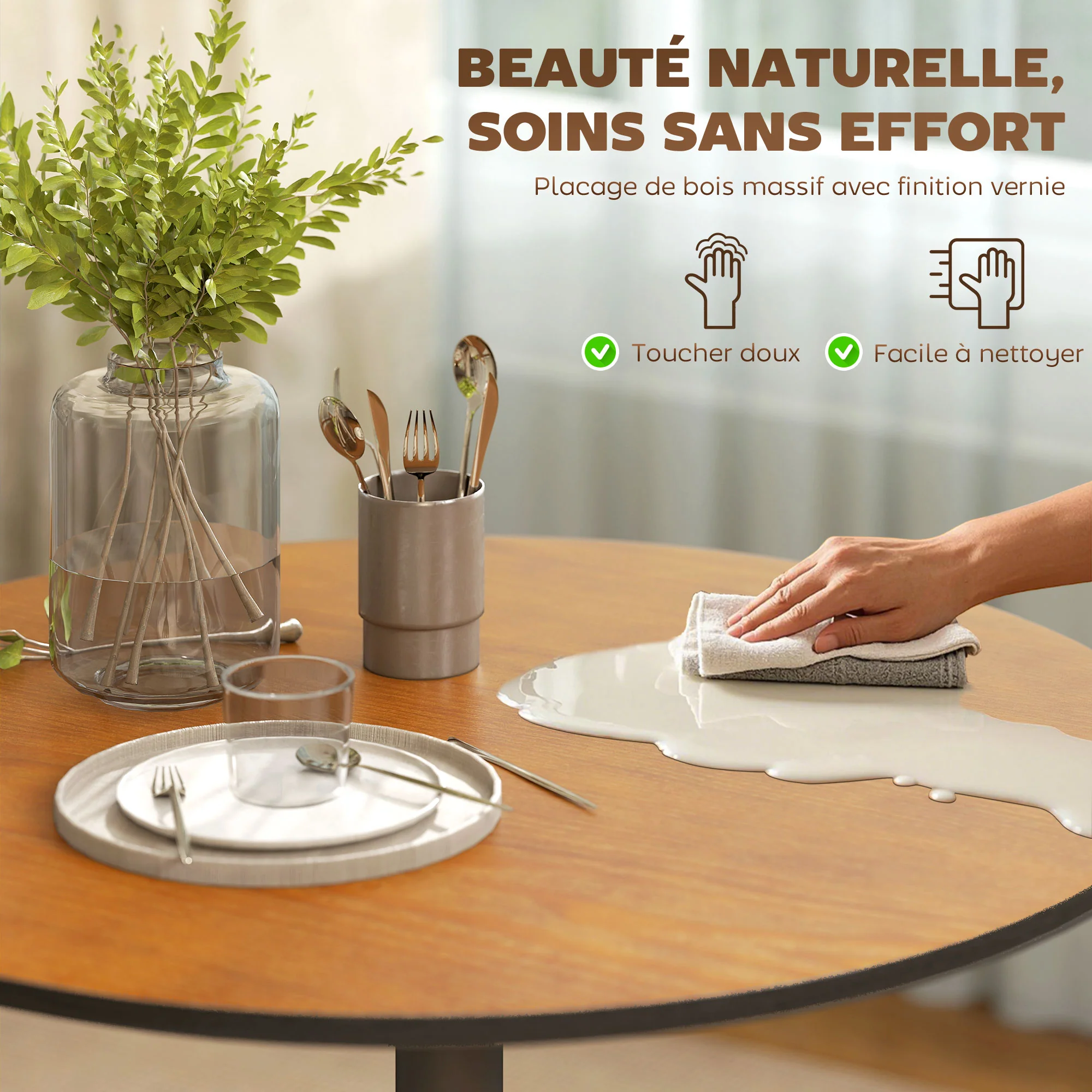 Table à manger ronde pour 2-4 personnes, table de cuisine 70 cm style moderne avec plateau en placage de bois massif et piétement en acier, marron clair - Image 5