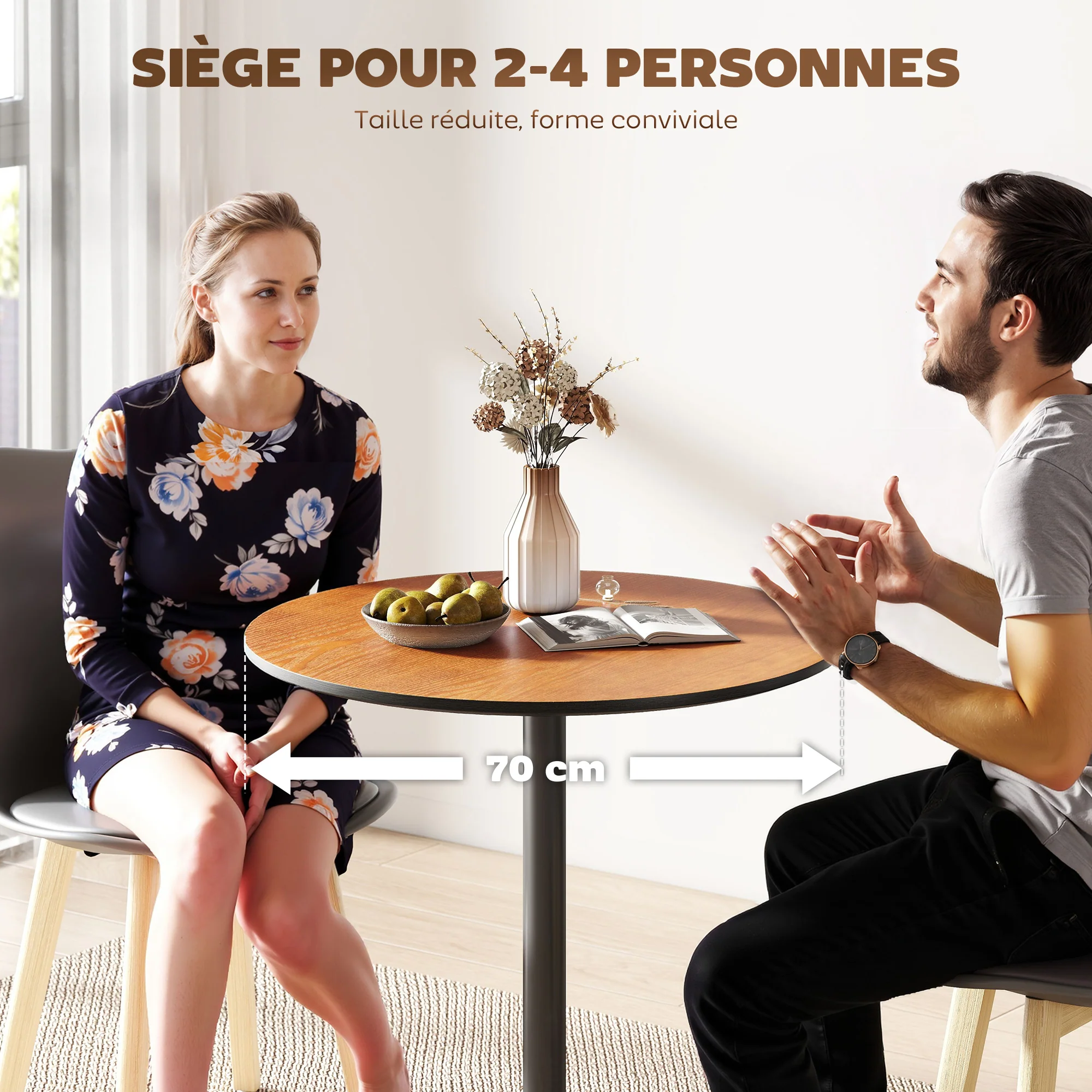 Table à manger ronde pour 2-4 personnes, table de cuisine 70 cm style moderne avec plateau en placage de bois massif et piétement en acier, marron clair - Image 6