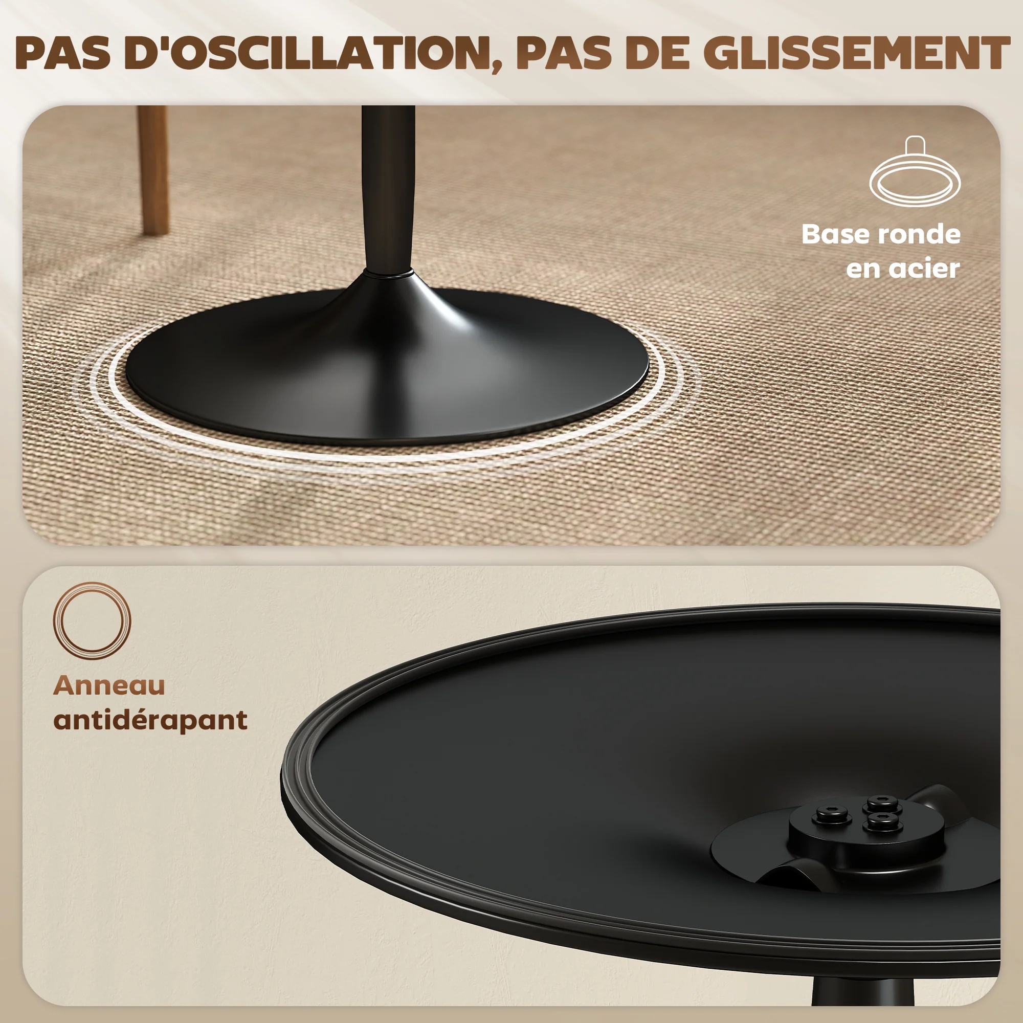 Table à manger ronde pour 2-4 personnes, table de cuisine 70 cm style moderne avec plateau en placage de bois massif et piétement en acier, marron clair - Image 7
