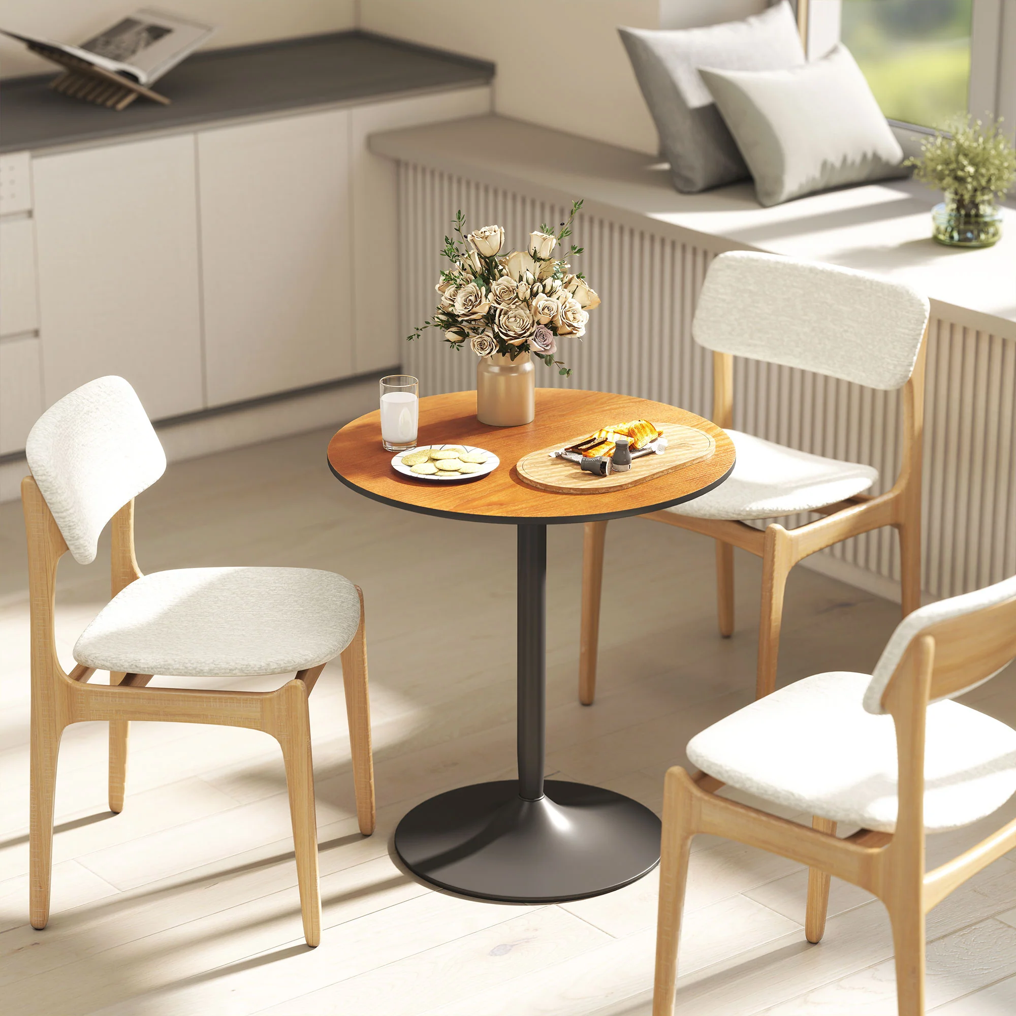 Table à manger ronde pour 2-4 personnes, table de cuisine 70 cm style moderne avec plateau en placage de bois massif et piétement en acier, marron clair - Image 9