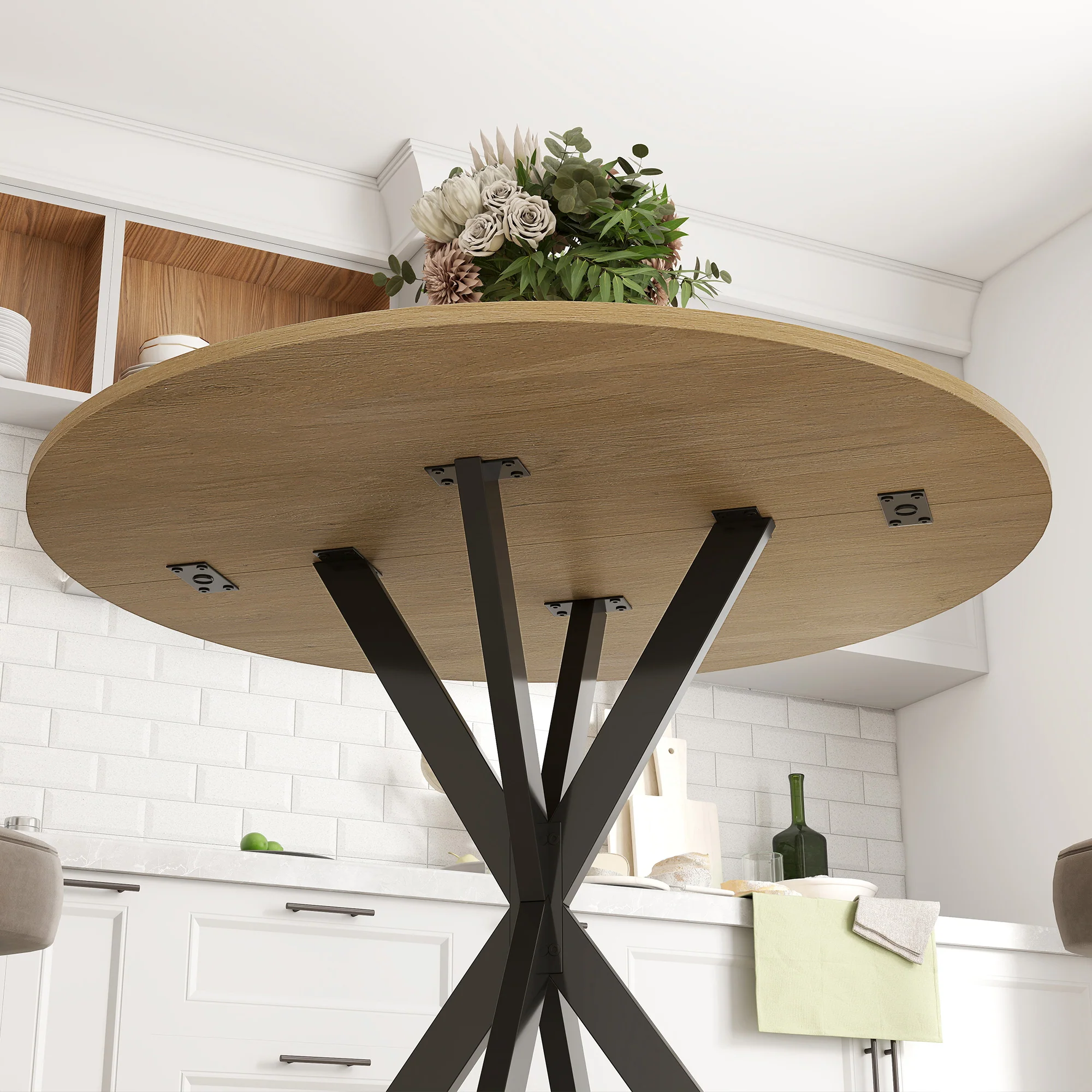 Table à manger ronde pour 2 personnes table de cuisine 80 cm style industriel avec plateau aspect bois et piètement croisé en acier, blanc chêne - Image 10