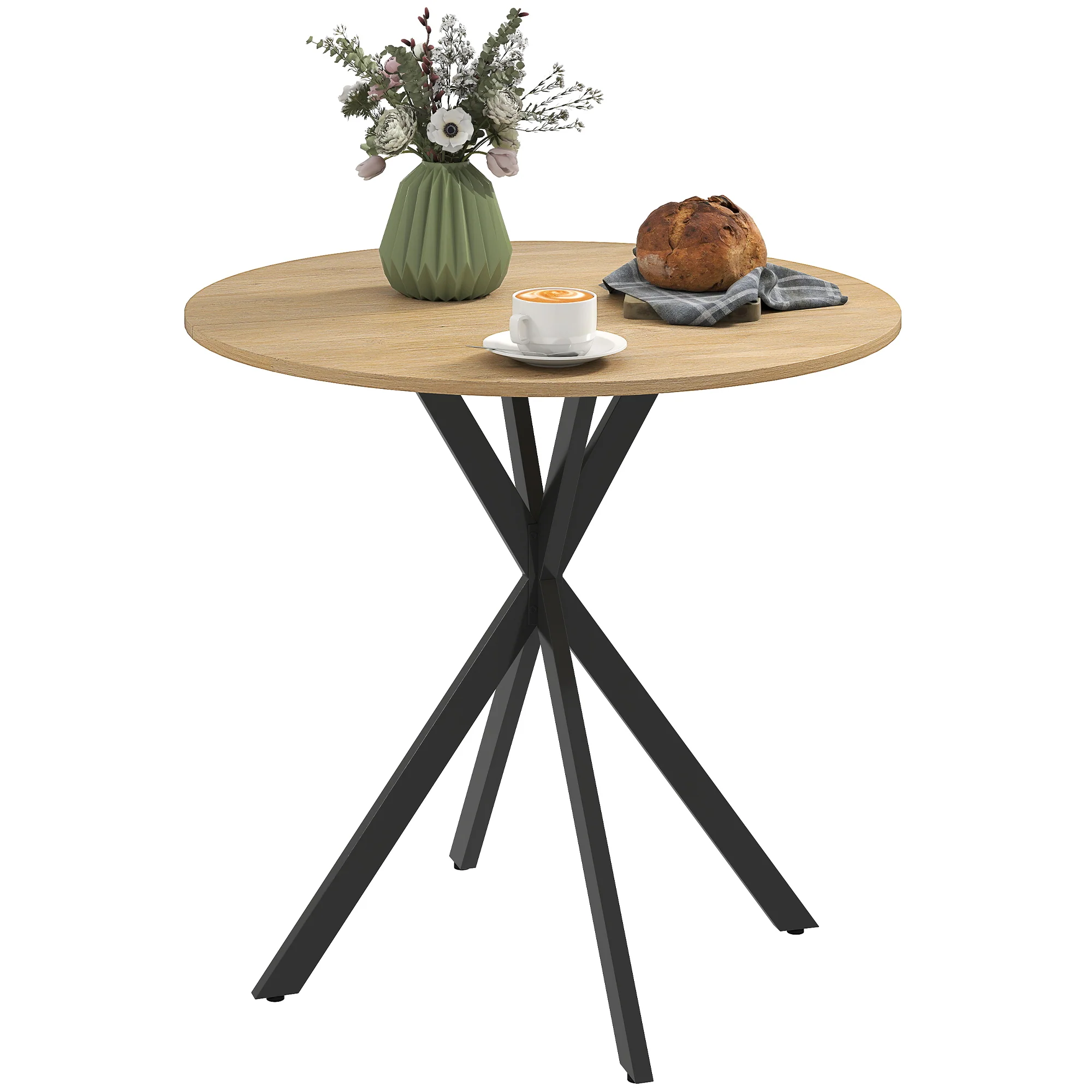 Table à manger ronde pour 2 personnes table de cuisine 80 cm style industriel avec plateau aspect bois et piètement croisé en acier, blanc chêne - Image 11