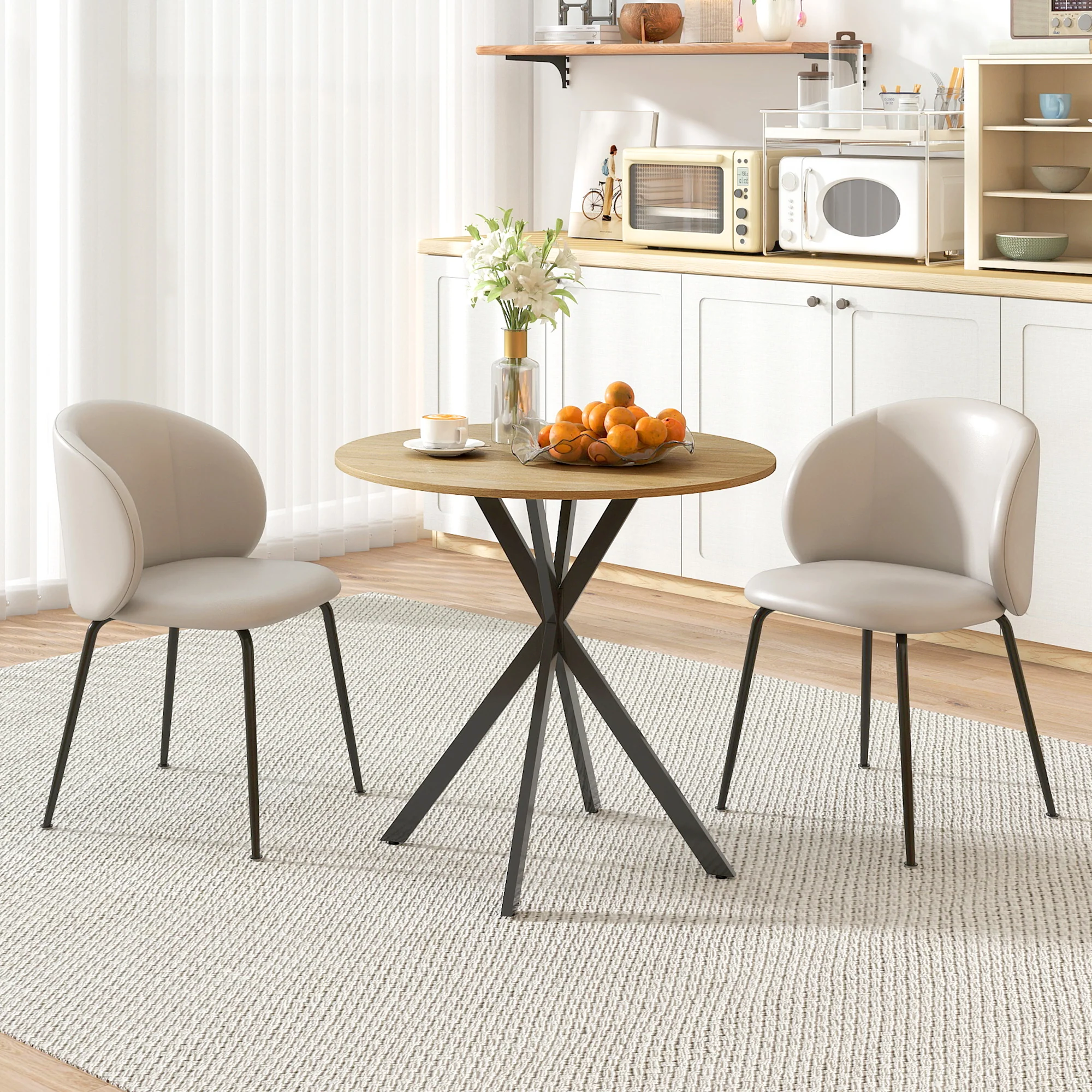 Table à manger ronde pour 2 personnes table de cuisine 80 cm style industriel avec plateau aspect bois et piètement croisé en acier, blanc chêne - Image 3