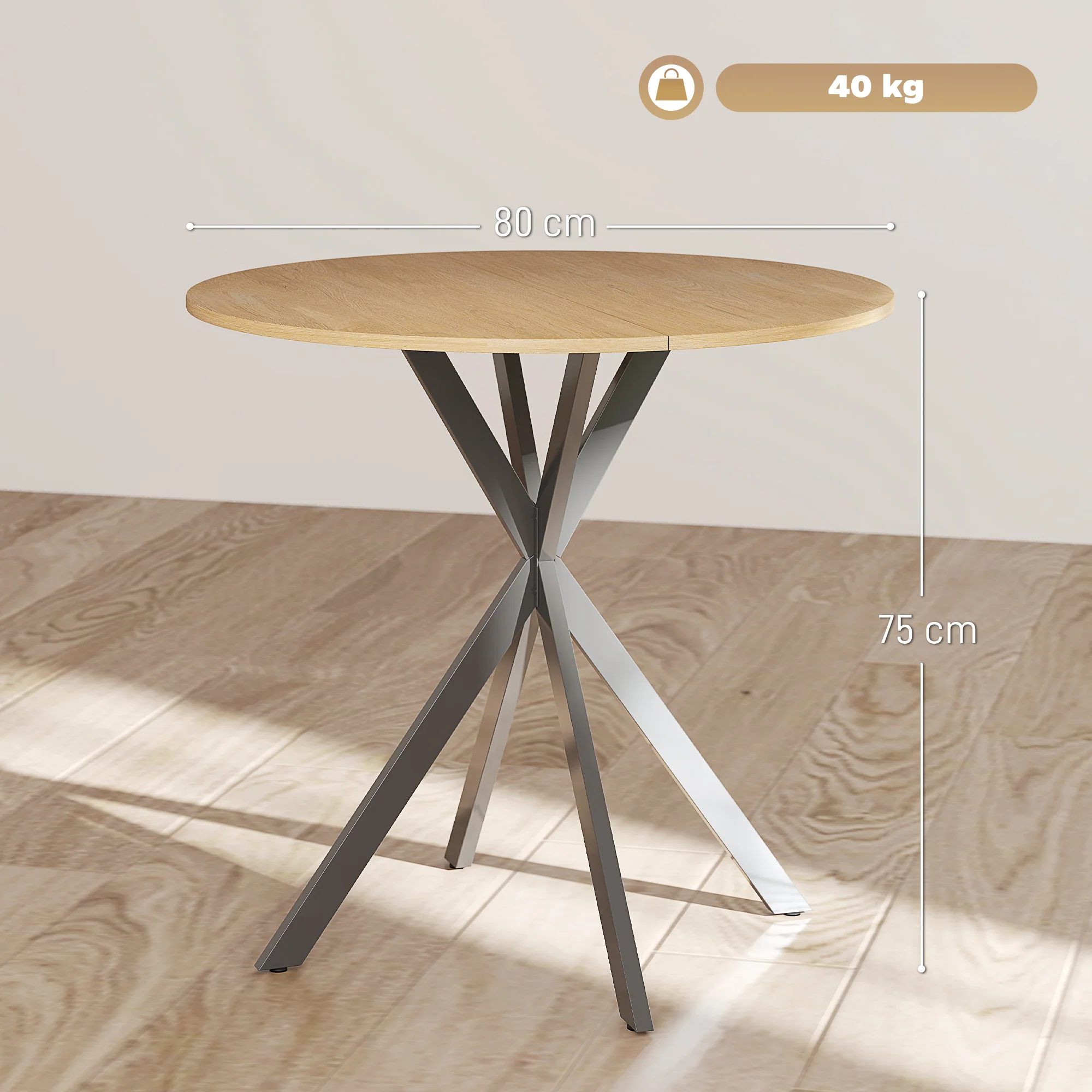 Table à manger ronde pour 2 personnes table de cuisine 80 cm style industriel avec plateau aspect bois et piètement croisé en acier, blanc chêne - Image 4