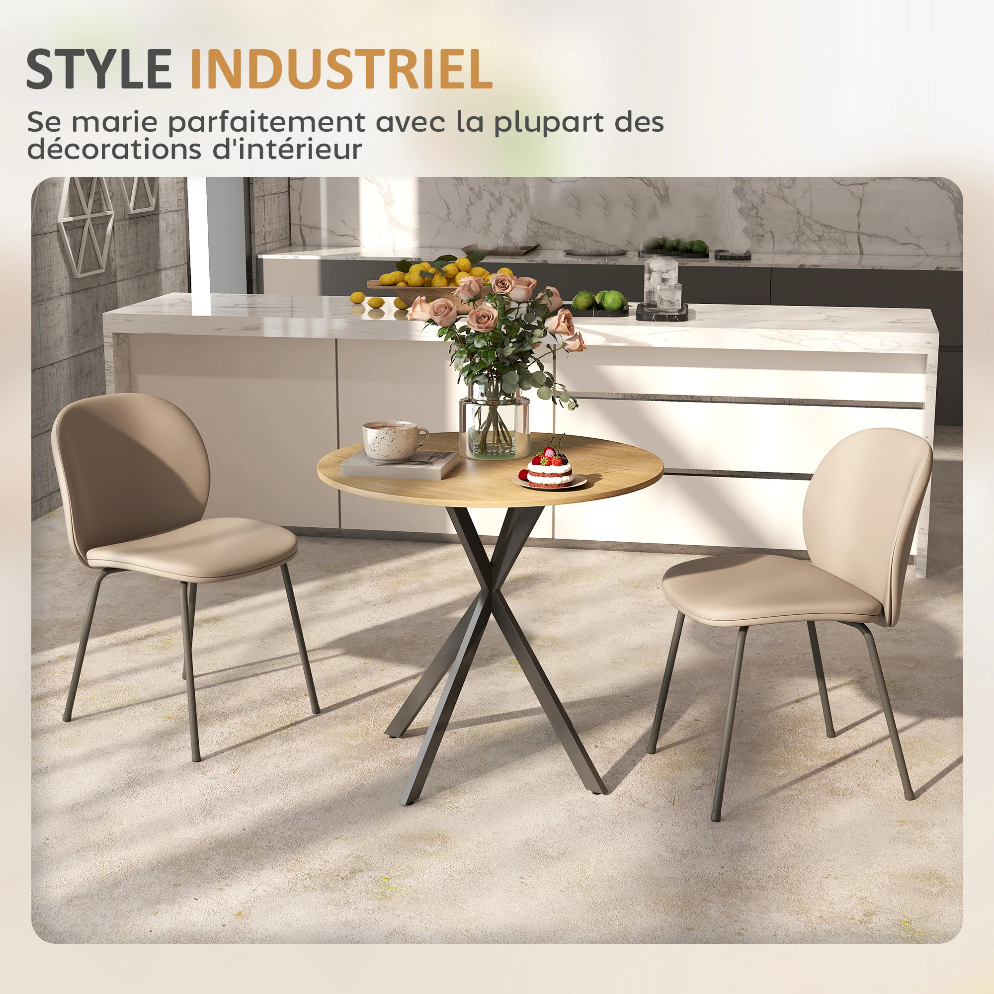 Table à manger ronde pour 2 personnes table de cuisine 80 cm style industriel avec plateau aspect bois et piètement croisé en acier, blanc chêne - Image 6