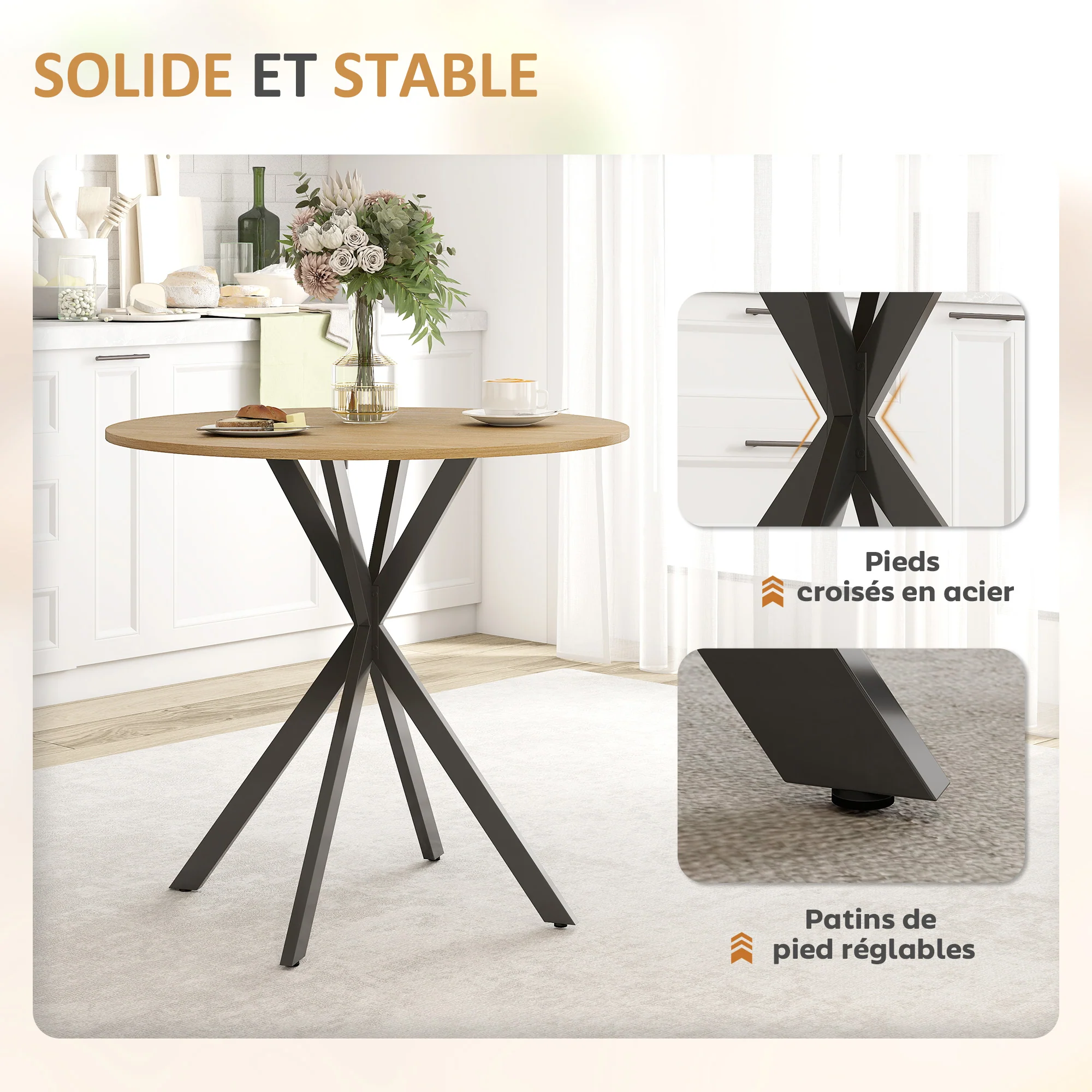 Table à manger ronde pour 2 personnes table de cuisine 80 cm style industriel avec plateau aspect bois et piètement croisé en acier, blanc chêne - Image 7