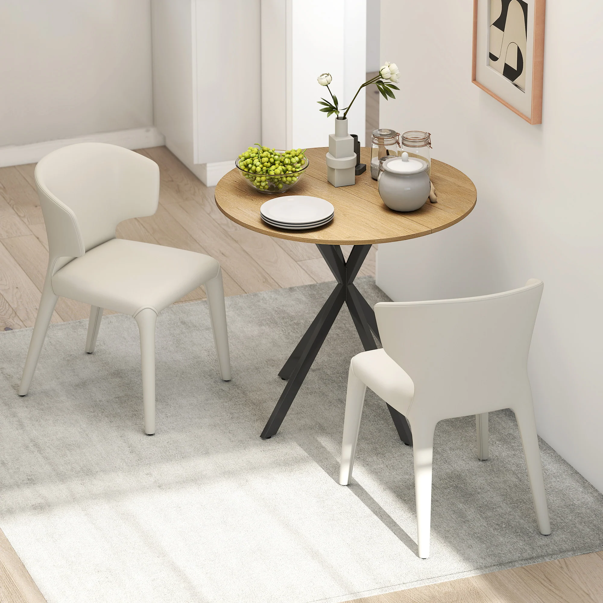 Table à manger ronde pour 2 personnes table de cuisine 80 cm style industriel avec plateau aspect bois et piètement croisé en acier, blanc chêne - Image 9
