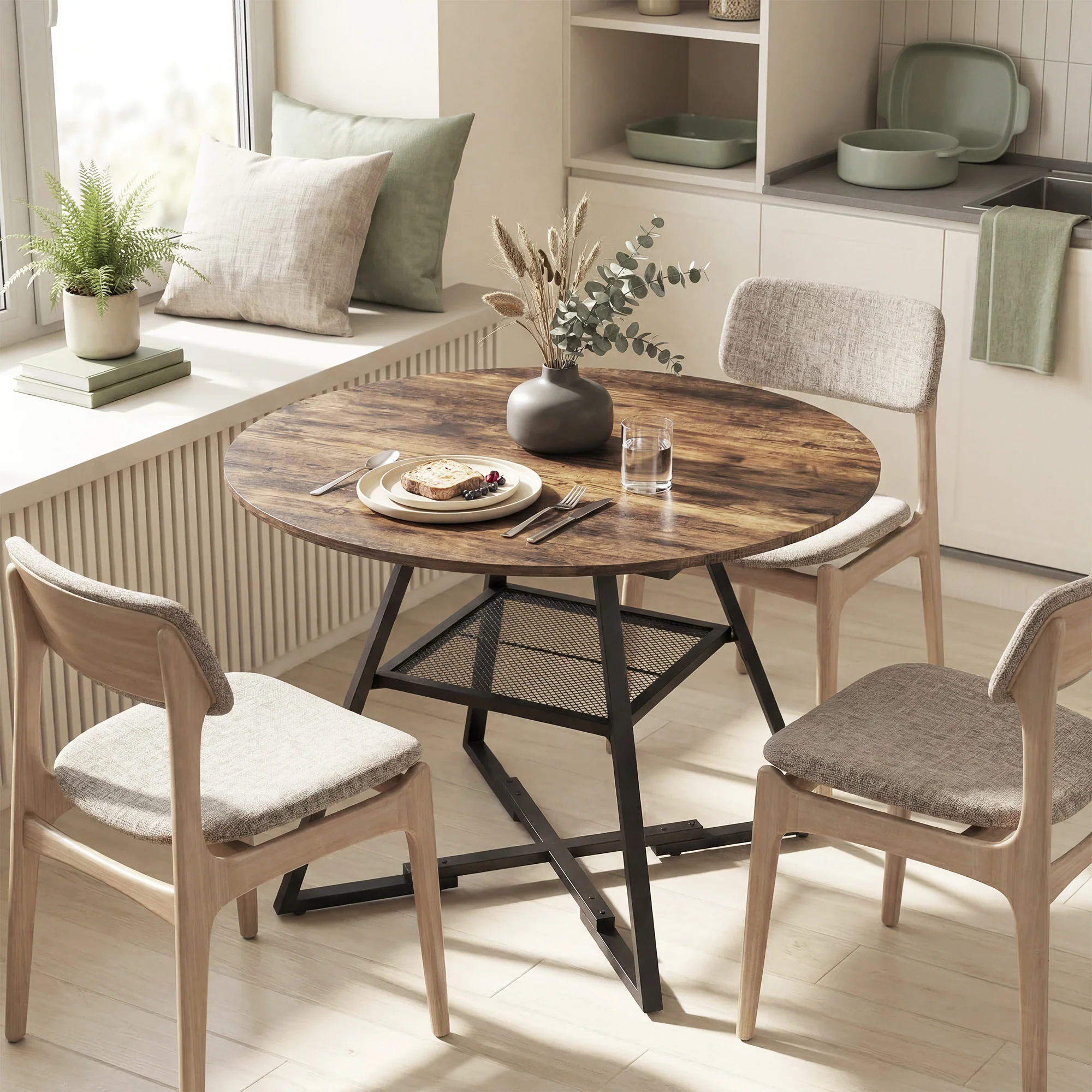 Table à manger ronde pour 4 personnes, ? 100 x 76 cm, table de cuisine industrielle avec large plateau et étagère de rangement, cadre en métal, brun rustique - Image 10