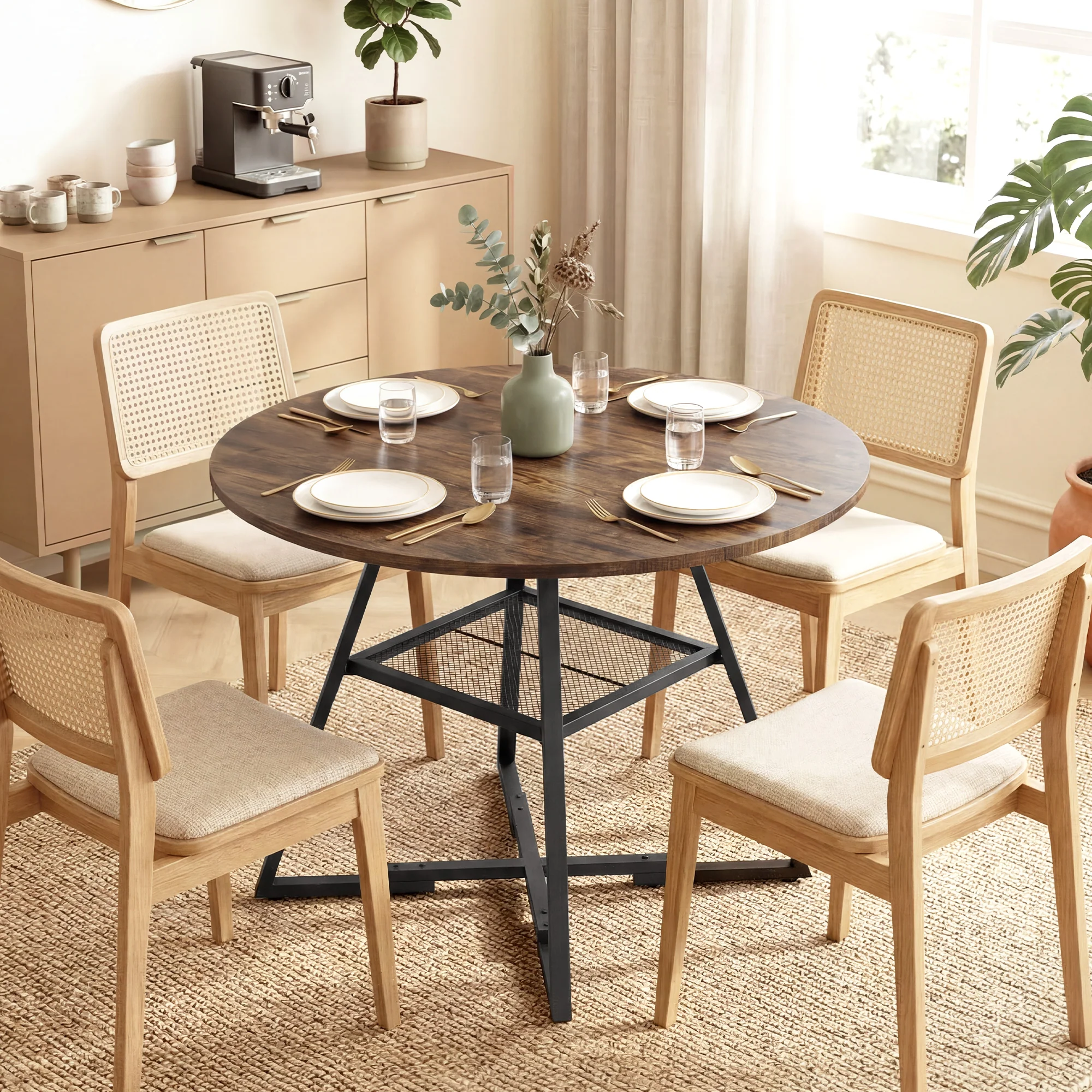 Table à manger ronde pour 4 personnes, ? 100 x 76 cm, table de cuisine industrielle avec large plateau et étagère de rangement, cadre en métal, brun rustique - Image 11
