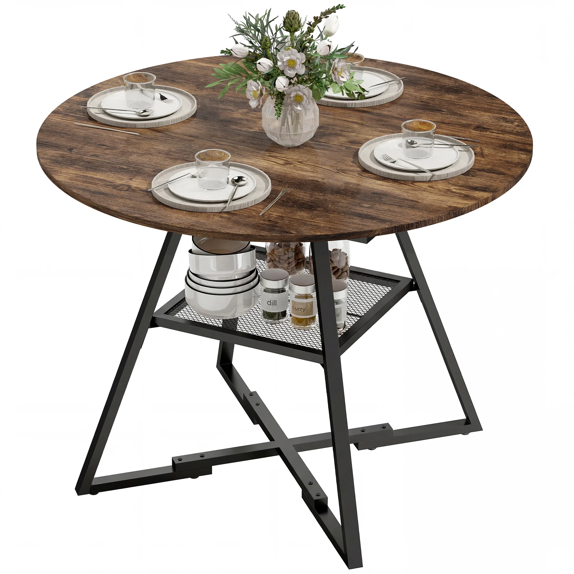 Table à manger ronde pour 4 personnes, ? 100 x 76 cm, table de cuisine industrielle avec large plateau et étagère de rangement, cadre en métal, brun rustique - Image 12