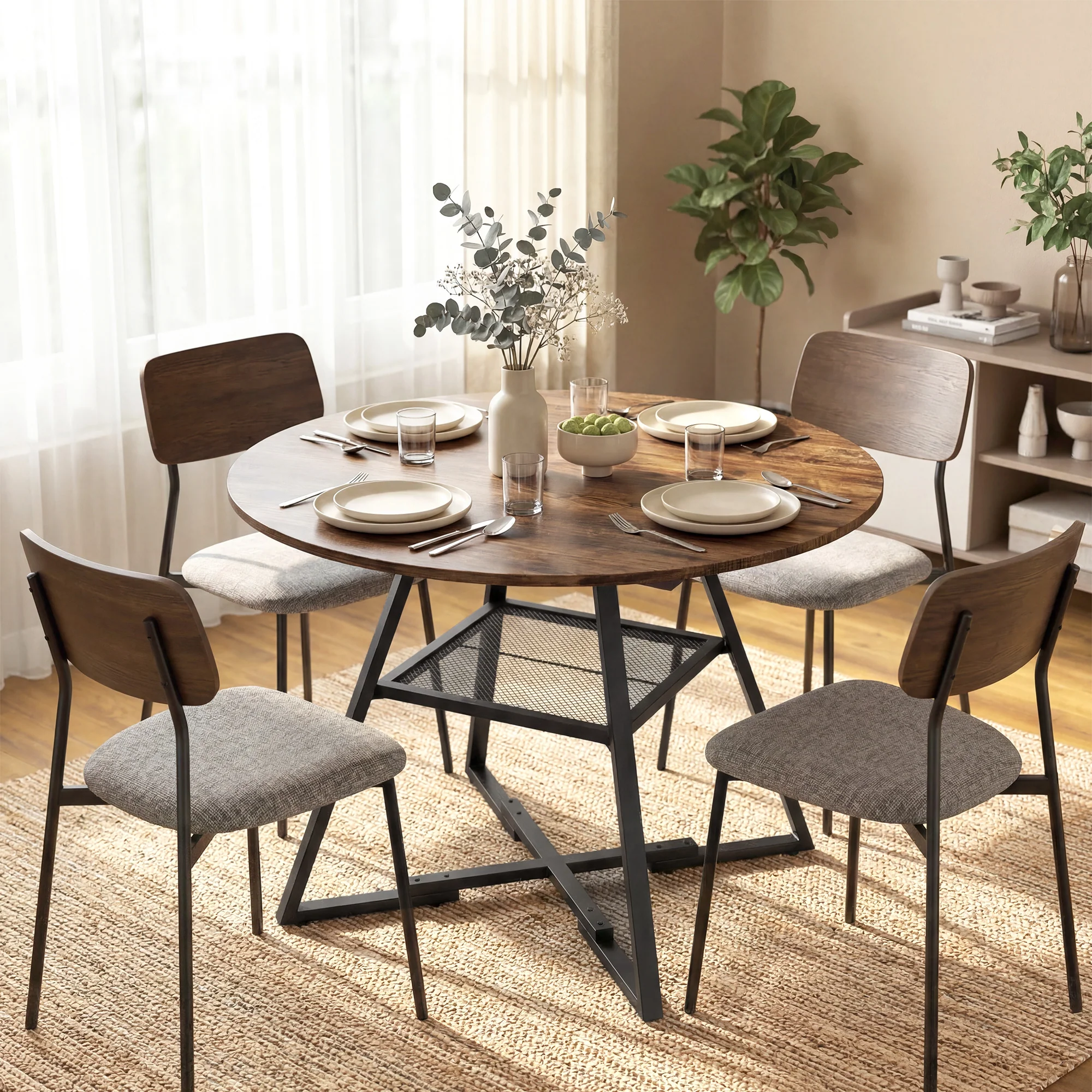 Table à manger ronde pour 4 personnes, ? 100 x 76 cm, table de cuisine industrielle avec large plateau et étagère de rangement, cadre en métal, brun rustique - Image 3