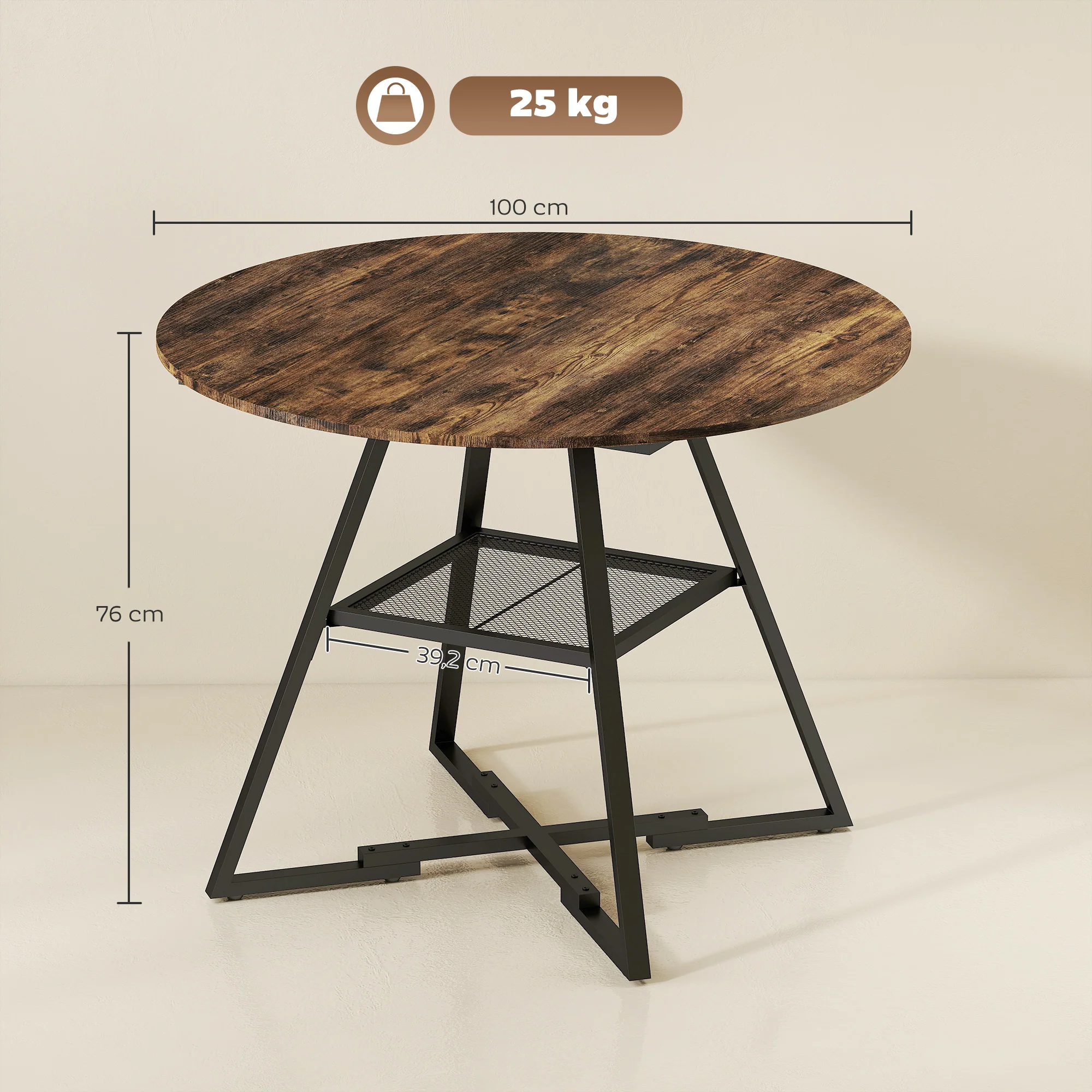 Table à manger ronde pour 4 personnes, ? 100 x 76 cm, table de cuisine industrielle avec large plateau et étagère de rangement, cadre en métal, brun rustique - Image 4