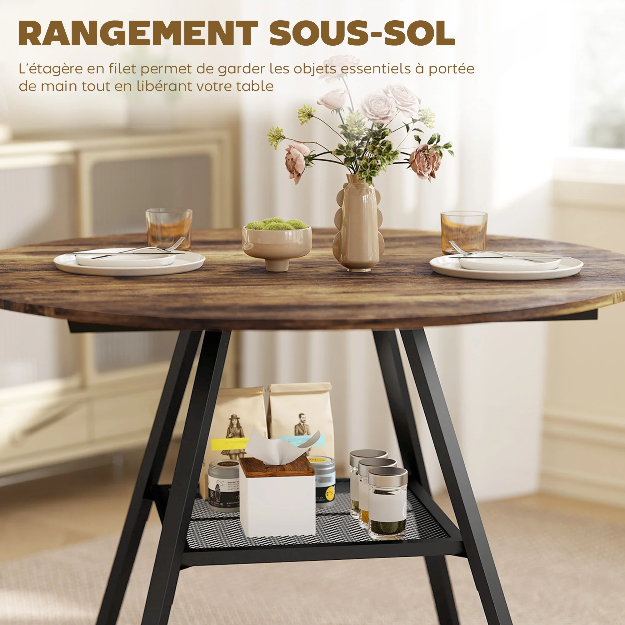 Table à manger ronde pour 4 personnes, ? 100 x 76 cm, table de cuisine industrielle avec large plateau et étagère de rangement, cadre en métal, brun rustique - Image 6