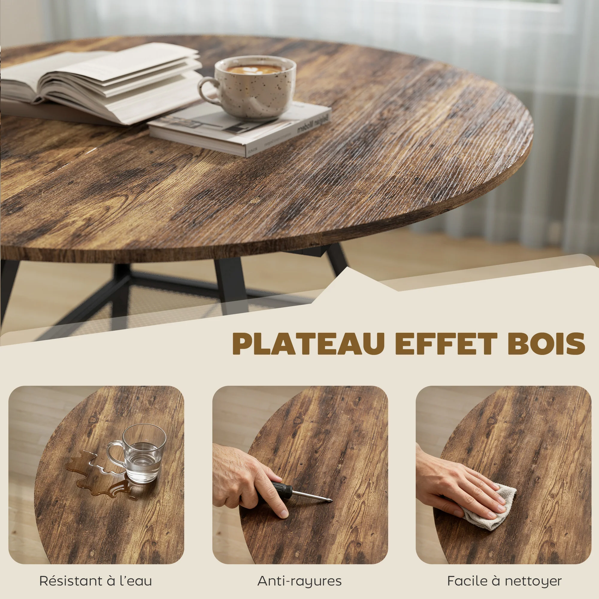 Table à manger ronde pour 4 personnes, ? 100 x 76 cm, table de cuisine industrielle avec large plateau et étagère de rangement, cadre en métal, brun rustique - Image 7