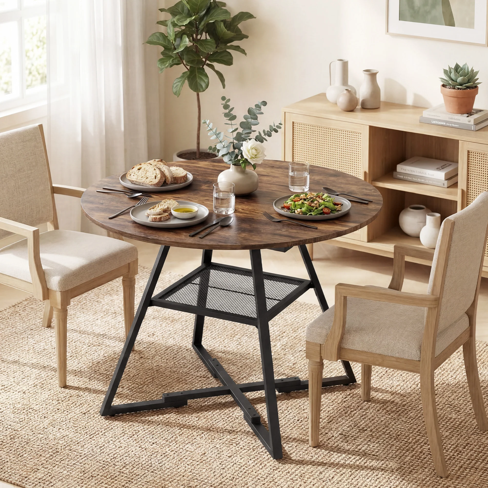 Table à manger ronde pour 4 personnes, ? 100 x 76 cm, table de cuisine industrielle avec large plateau et étagère de rangement, cadre en métal, brun rustique - Image 9